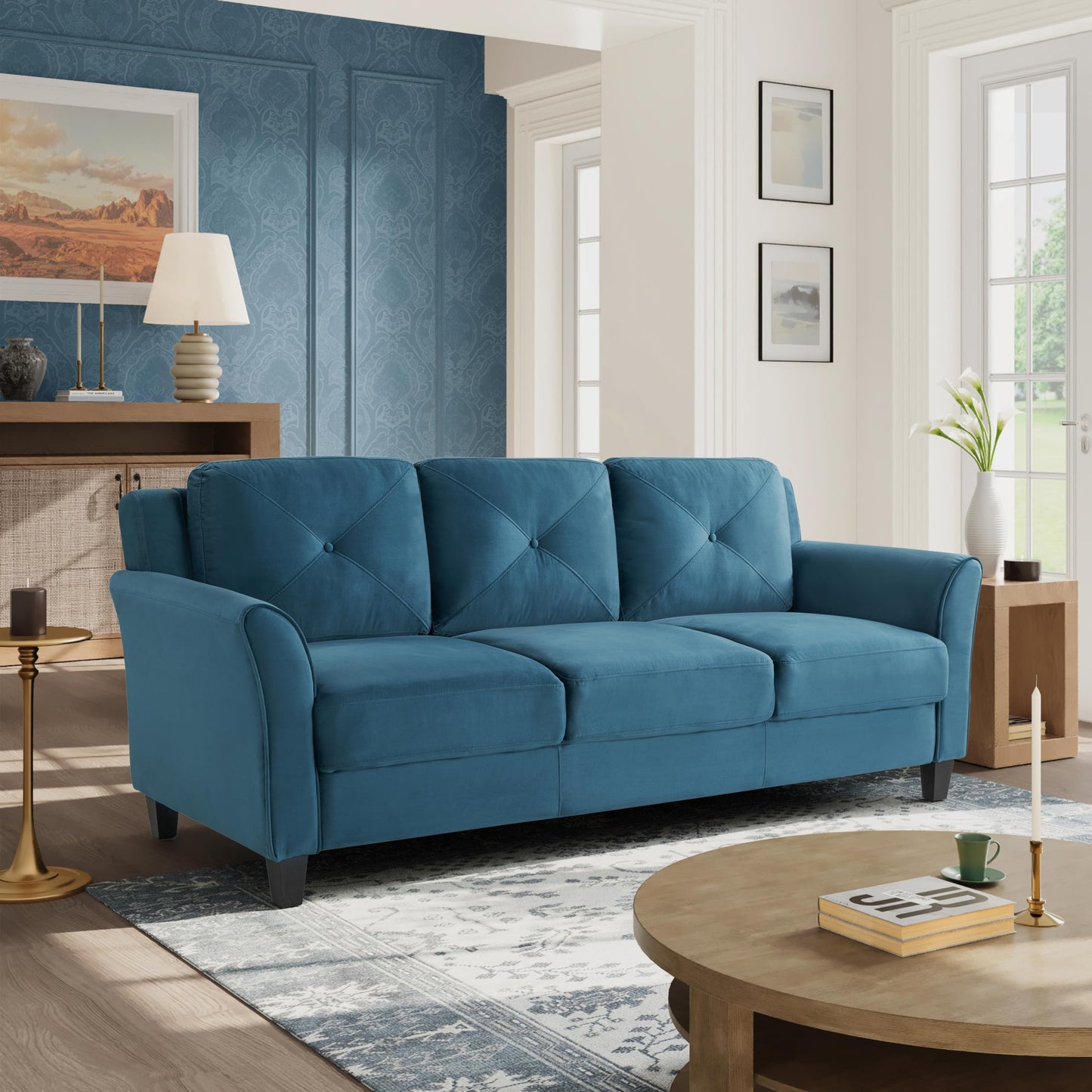 Studio Living Harrington 80.3" Sofa, Transitional Modern, Pocket Coil Comfort, Easy Assembly, Woven Fabric, Blue