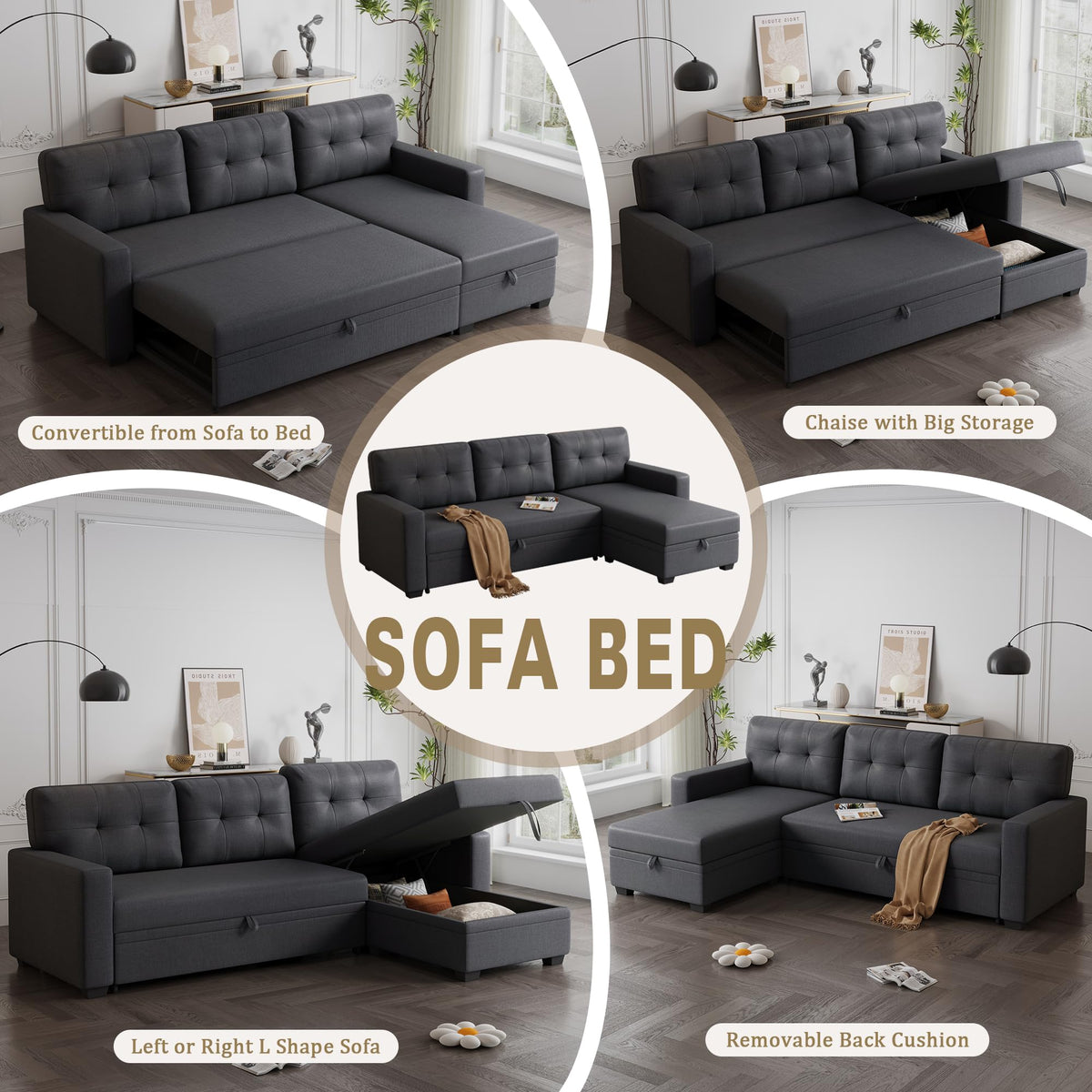 KTATK L-Shape 82" Linen Upholstered Pull Out Sectional Sofa with Storage Chaise,Can be Converted into a Twin Size Sleeper Bed W/Removable Back Cushions,for Living Room,Apartment,Office,Dark Gray