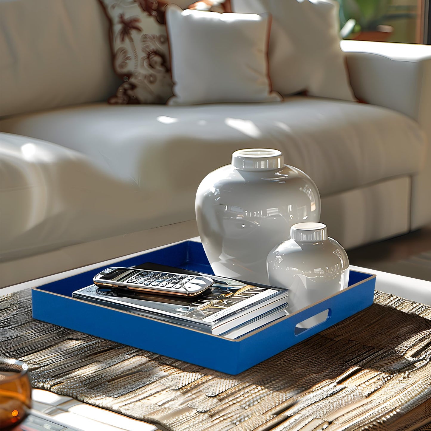 MAONAME Decorative Tray, Royal Blue Serving Tray with Handles, Coffee Table Trays, Square Plastic Trays for Ottoman, Bathroom, Kitchen, 13" x 13" x 1.57"