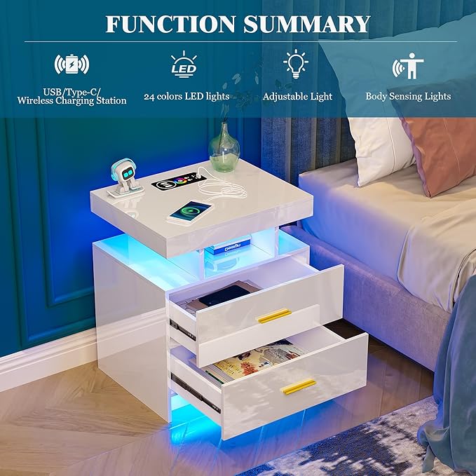 WOOVIVS Night Stand Set 2 with USB/Type-C/Wireless Charging Station, Modern