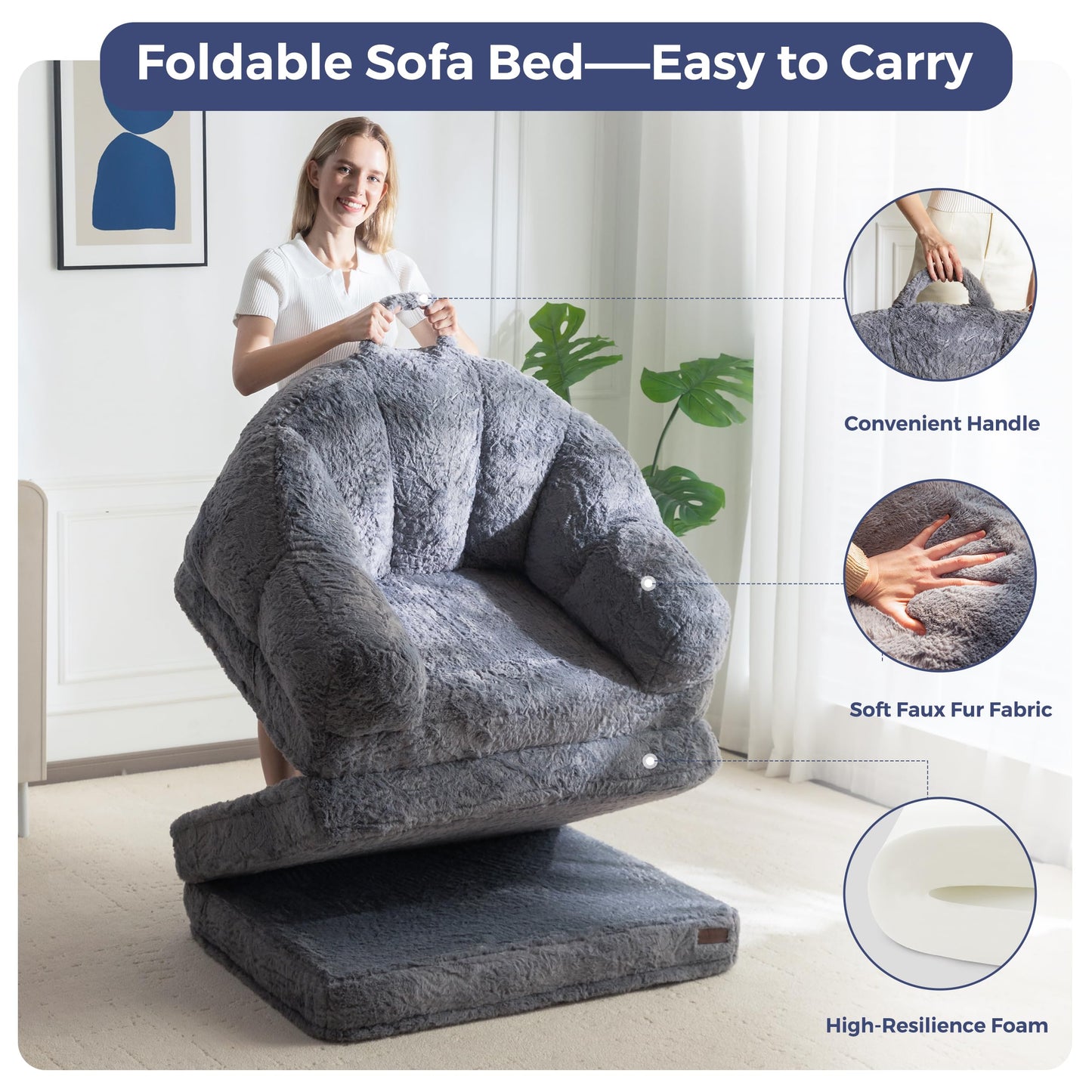 MAXYOYO Folding Sofa Bed, 2 in 1 Convertible Sofa to Lounger Comfy Single Bean Bag Chair for Adults, Floor Couch with Handle, Faux Fur Couch Bed for Living Room Bedroom, Grey