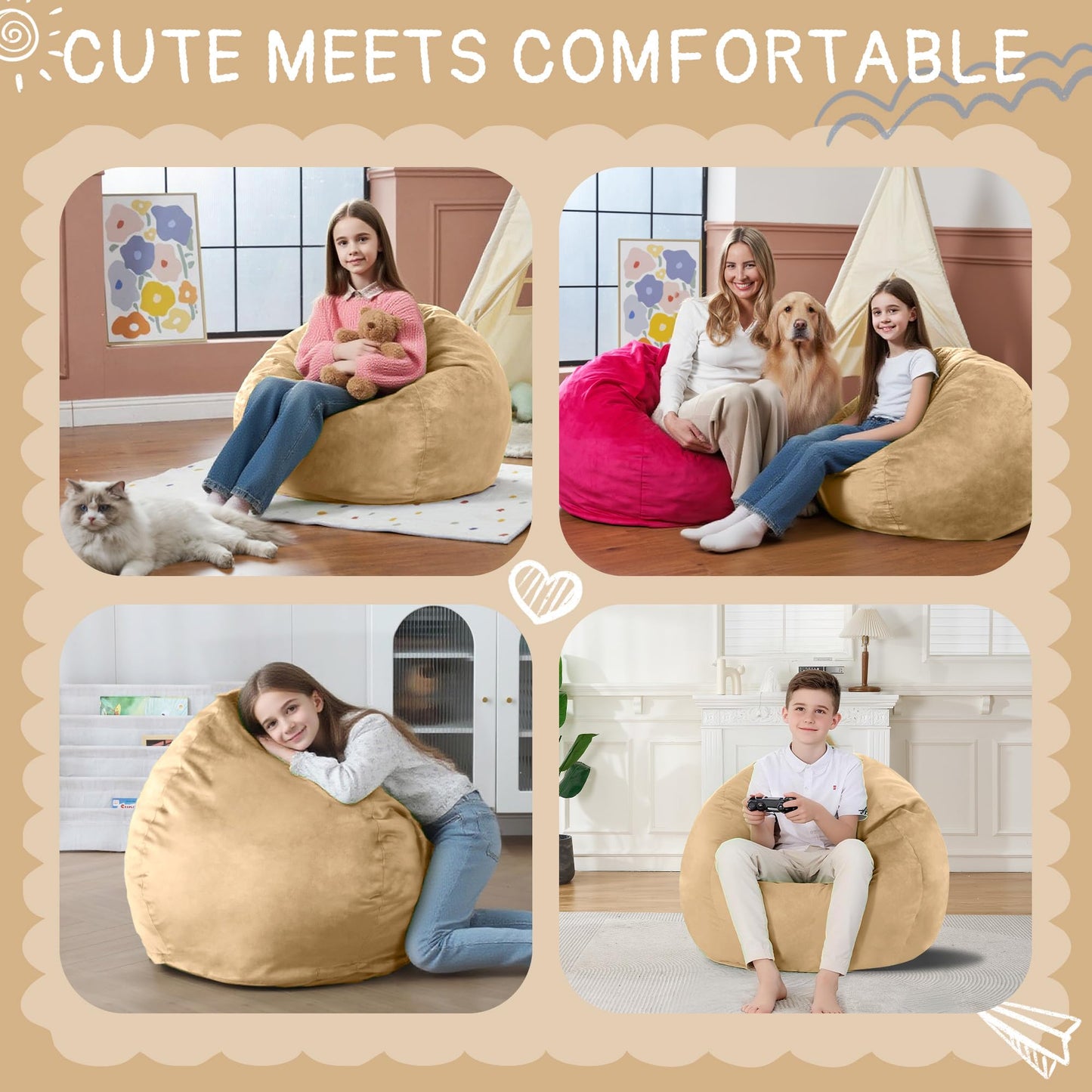 lilanoon 2FT Bean Bag Chair with Ultra Soft Velvet Cover Bean Bag Sofa with Memory Foam Bean Bag Chairs with Large Size Lazy Sofa for Dorm Office Living Room Bedroom Khaki 2'