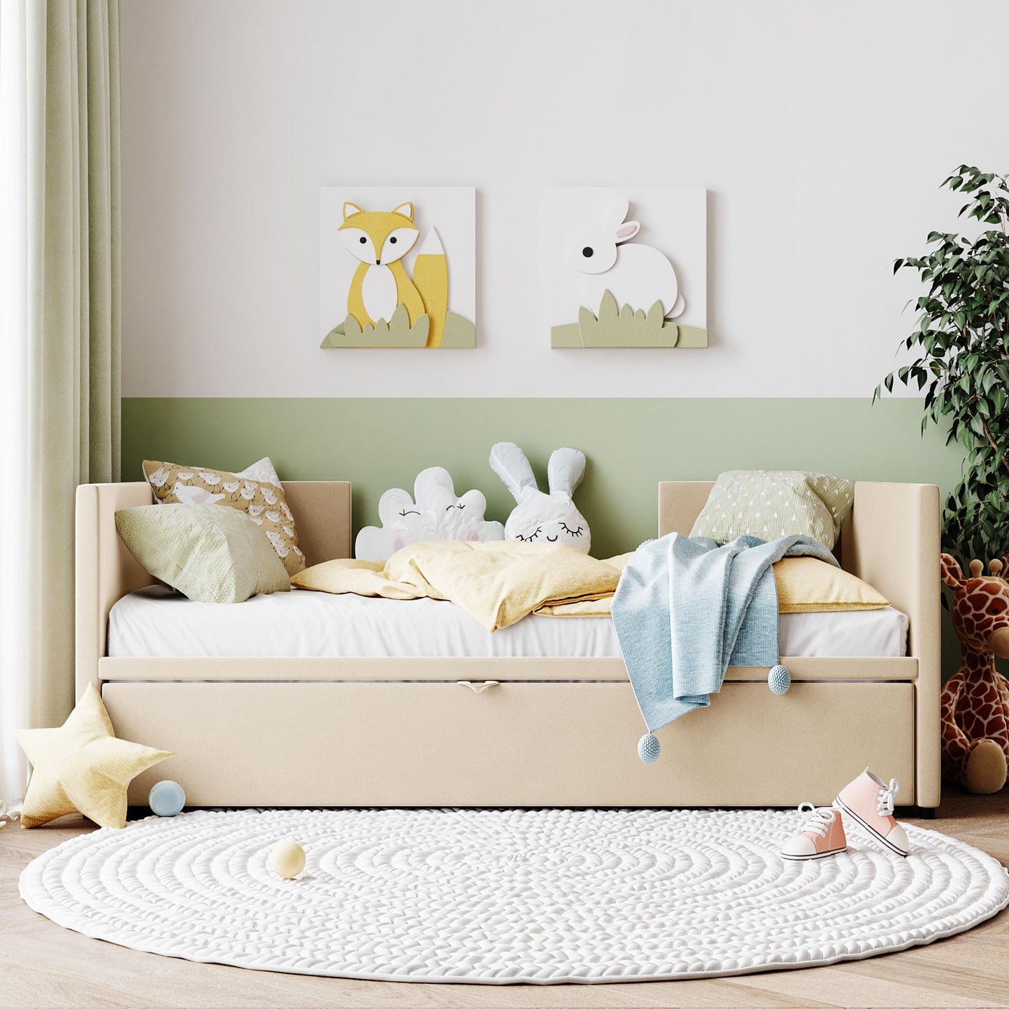 Merax Twin Size Upholstered Daybed Sofa Bed Frame with Extendable Trundle,Backrest and Two Armrests,for Bedroom,Beige Yellow