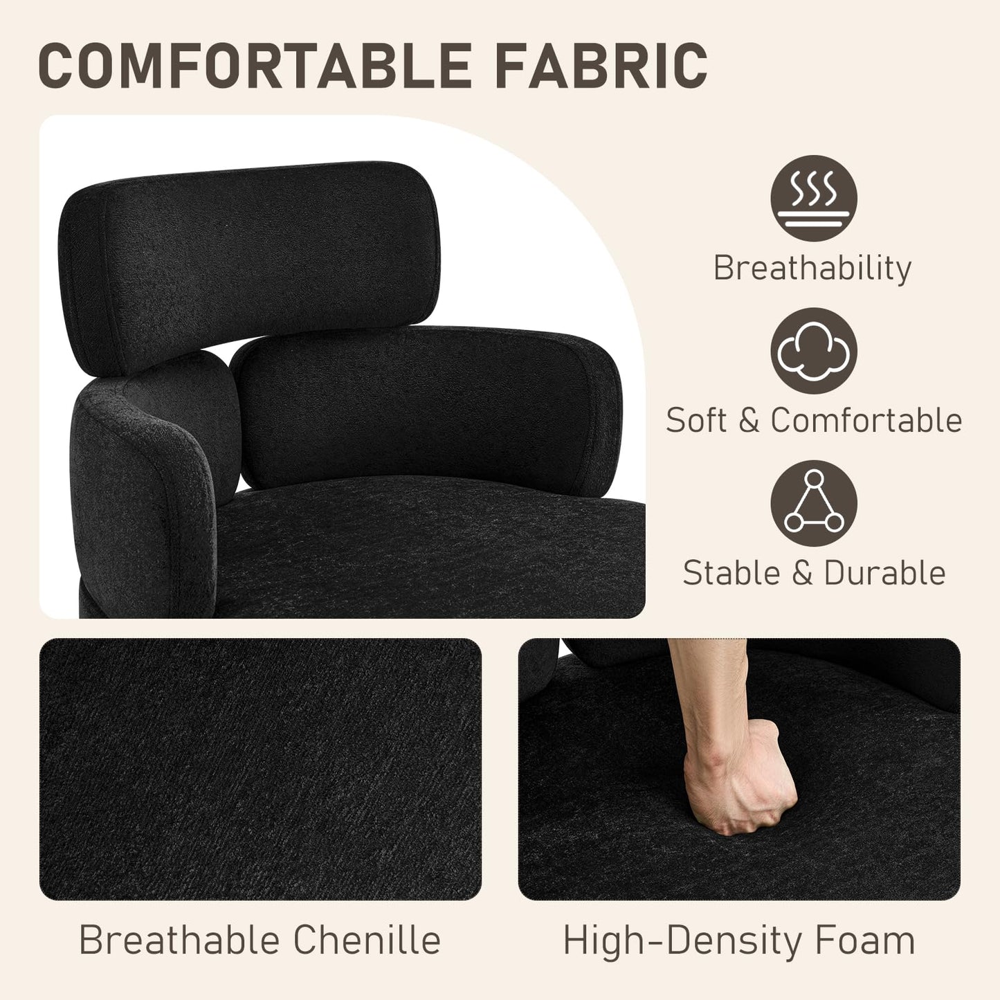 Furnistyle Modern Upholstered Office Chair with Wheels, Adjustable Height Swivel Desk Chair with Arms, Comfy Fabric Task Chair for Home Office, Bedroom, Study Room, Rolling Base,Black