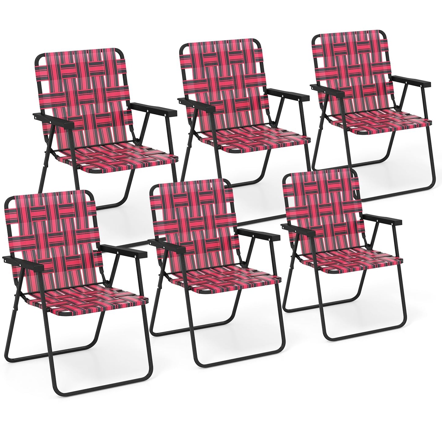 Giantex Beach Chairs Set of 6, Patio Folding Lawn Chairs for Adults, Outdoor Webbing Chair w/Steel Frame, Lightweight & Portable Camping Chairs for Fishing, Yard, Garden, Poolside Webbed Chairs, Red