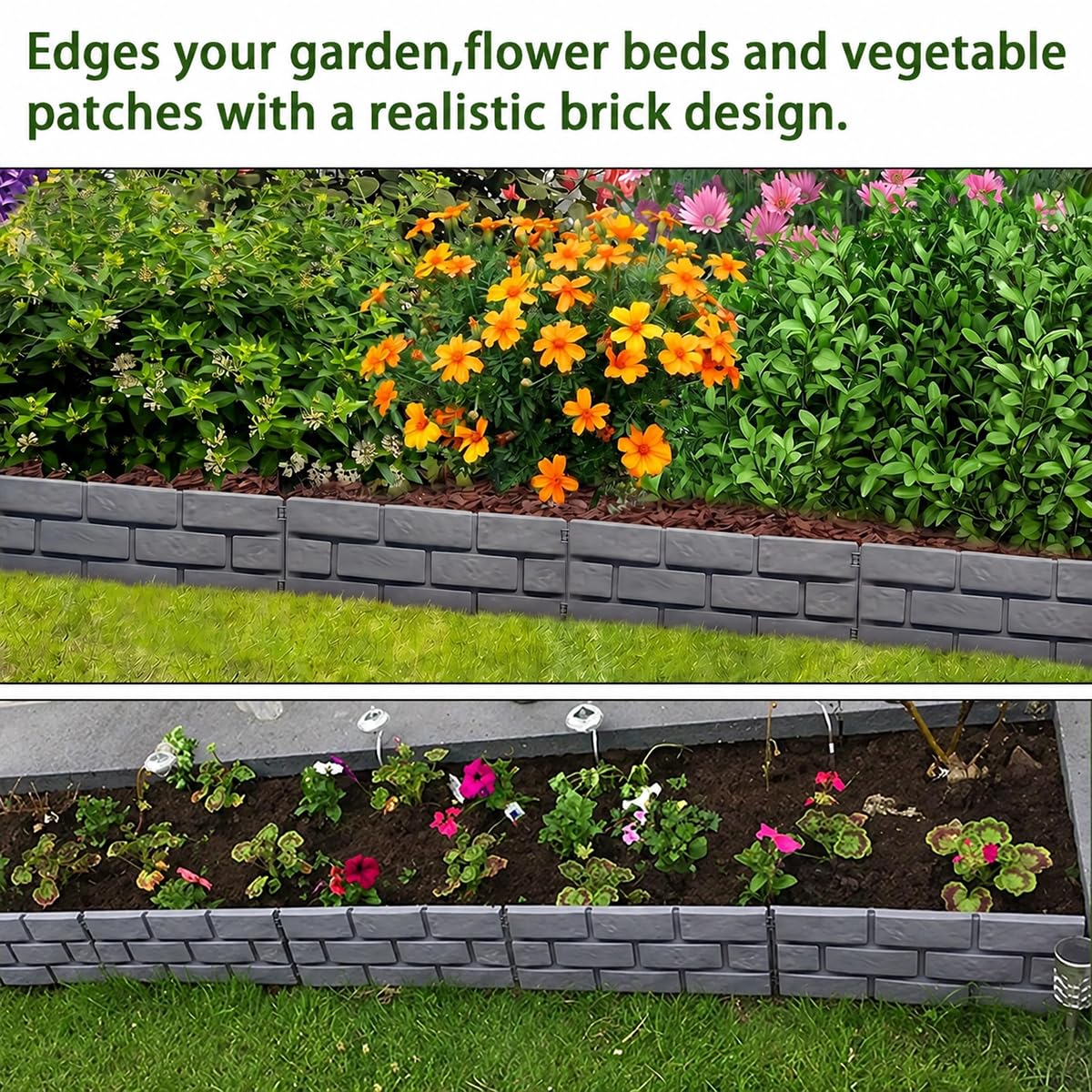 14.5FT/4.4M Brick Effect Garden Edging Border, 7IN/18CM Tall Lawn Flower Bed Edging Decorative Panels,Landscape Edge for Yard Tree Grass Path, DIY Straight/Curved/Circular Shapes -10PCS Grey
