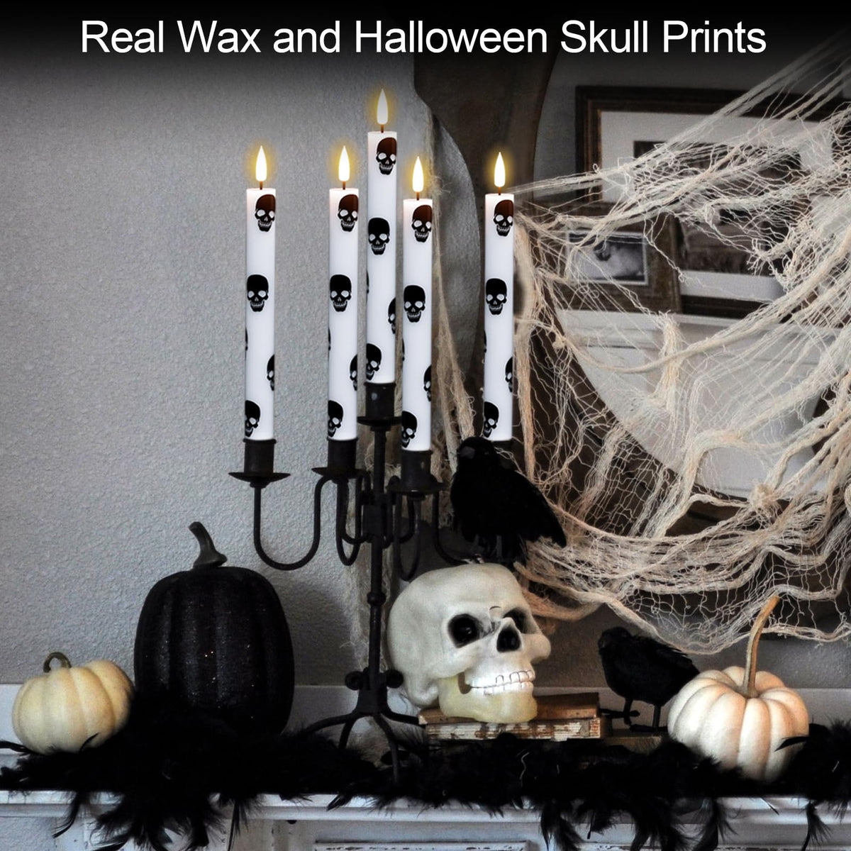 GenSwin Halloween Flameless Taper Candles Remote Timer, 4 Pack Real Wax LED Taper Candles Battery Operated Flickering with Skull Prints, Flameless Candlesticks for Halloween Decor(0.75”x 9.65”)