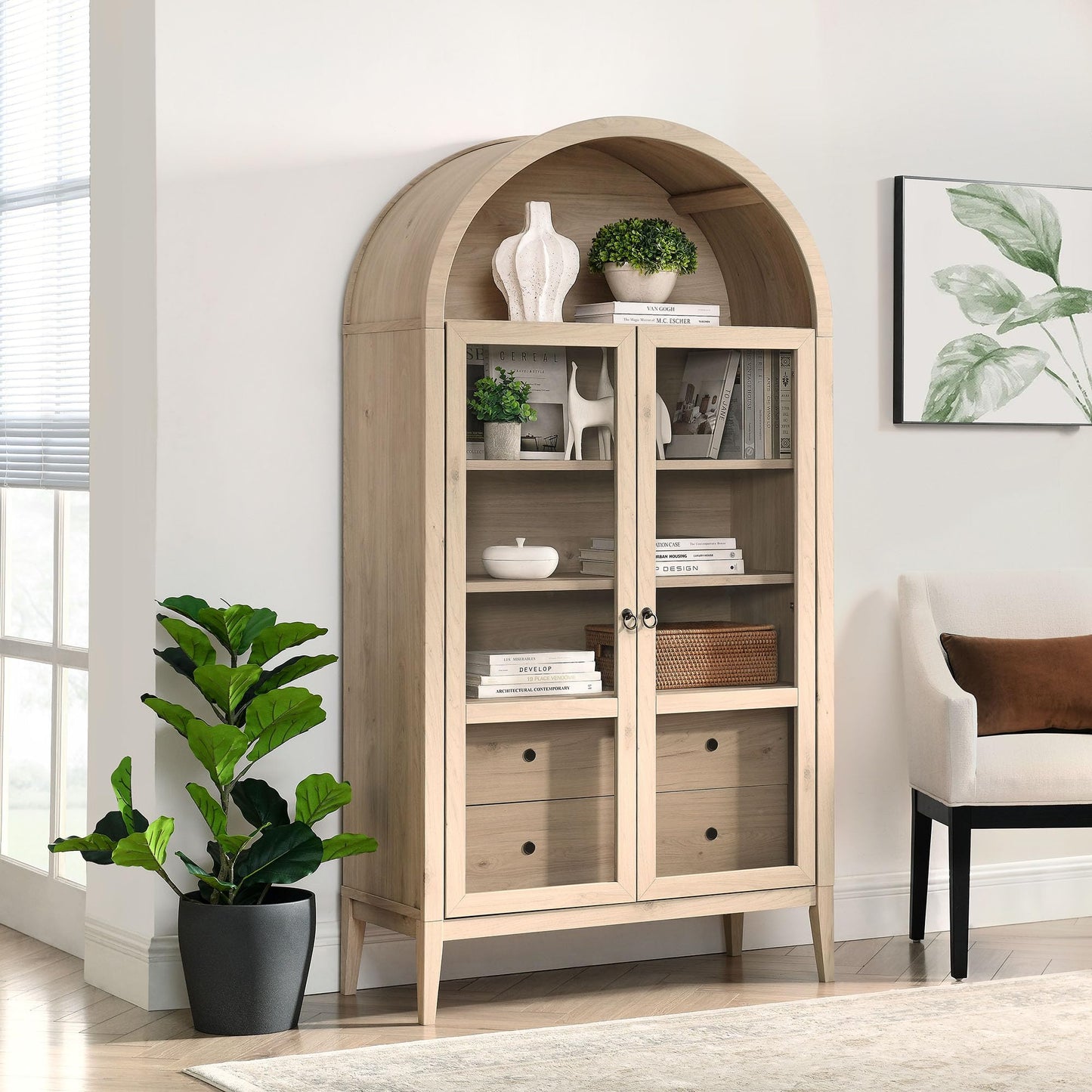 Modway Nolan Tall Arched Storage Display Cabinet in Light Oak - 74 Inch Arch Bookshelf with Glass Doors, Shelves and Drawers - Modern Accent Cabinet for Living Room, Dining Room