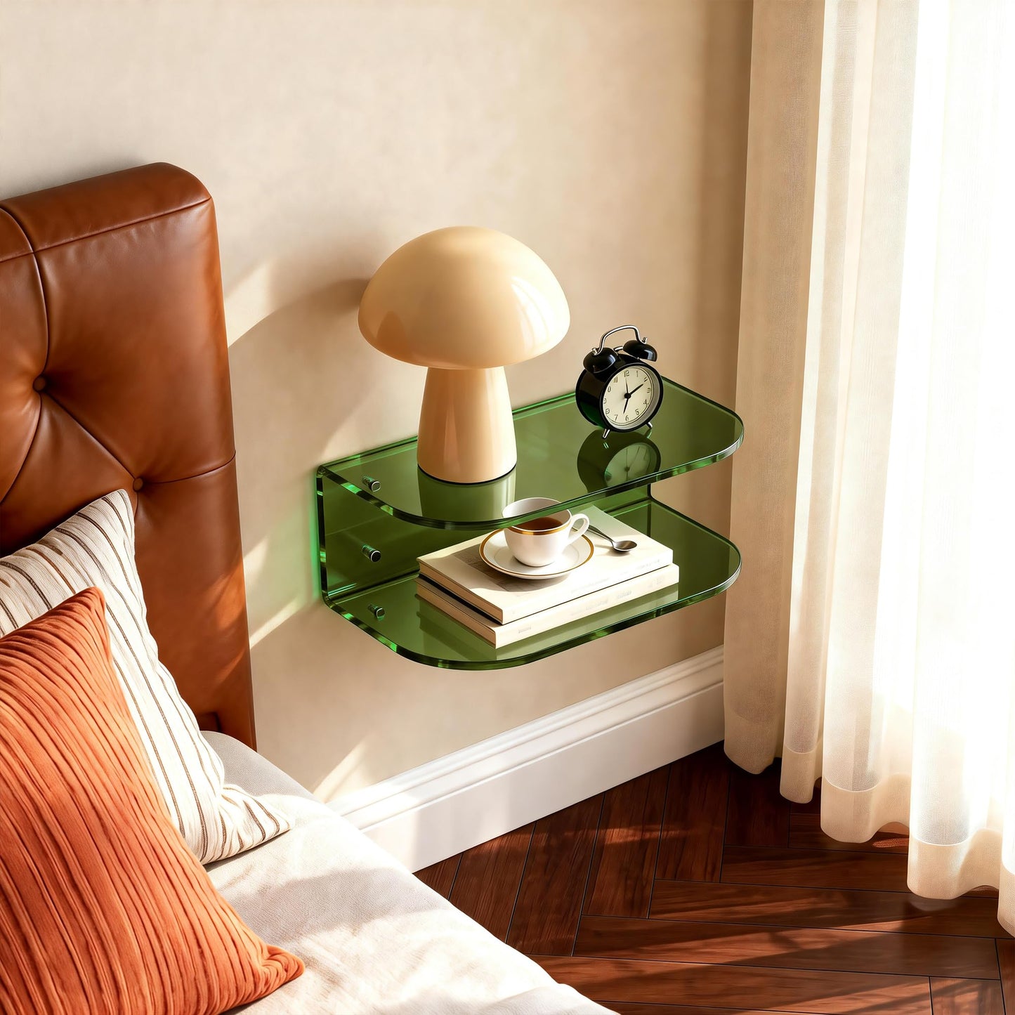 Dewrhiixe Acrylic Floating Nightstand, Wall Mounted Bedside Table Shelf (Green, 15.7”×9.4“×5.9”)