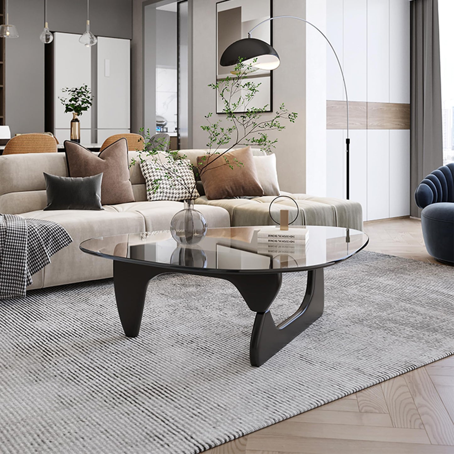 EASYSOUL Modern Glass Coffee Table, 44.88" D x 32.28" W x 15.75" H, Abstract Round Tea Tables for Living Room Home Office Industrial Cocktail Tables (Black-Clear Glass, 44.88")
