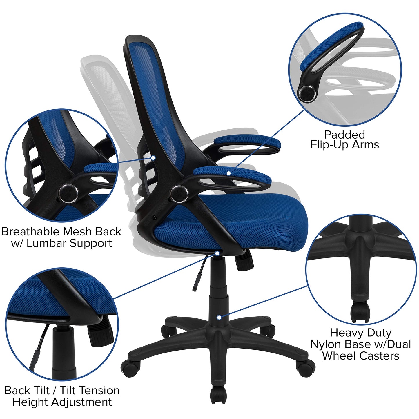Flash Furniture Porter High-Back Swivel Office Chair with Adjustable Lumbar Support and Seat Height, Ergonomic Mesh Desk Chair with Flip-Up Armrests, Blue/Black