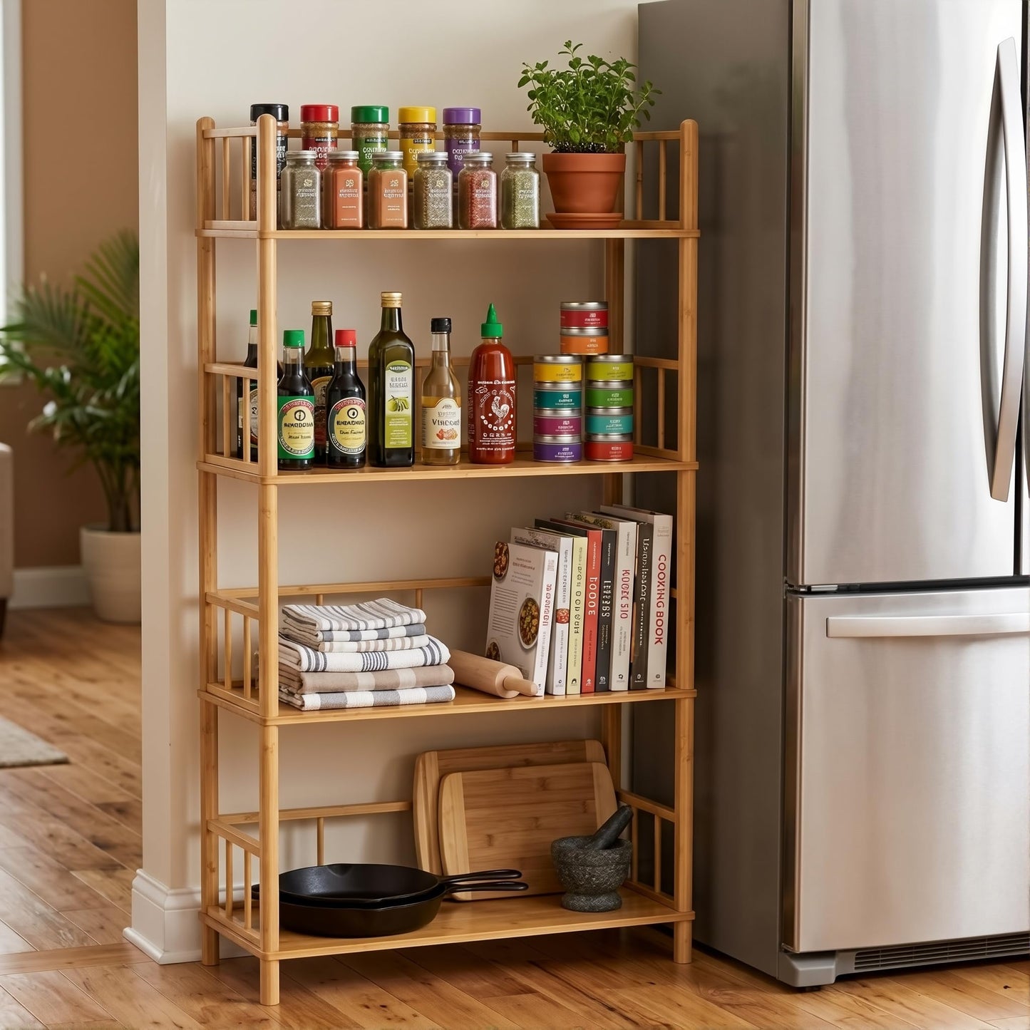 GOGOGO 4-Tier Expandable Bamboo Bookshelf - 150LBS Heavy-Duty, Tool-Free Assembly, Multifunctional Storage for Bathroom/Kitchen/Office Holder Plant Flower Stand (Natural, 4-Tier 10.6" D)