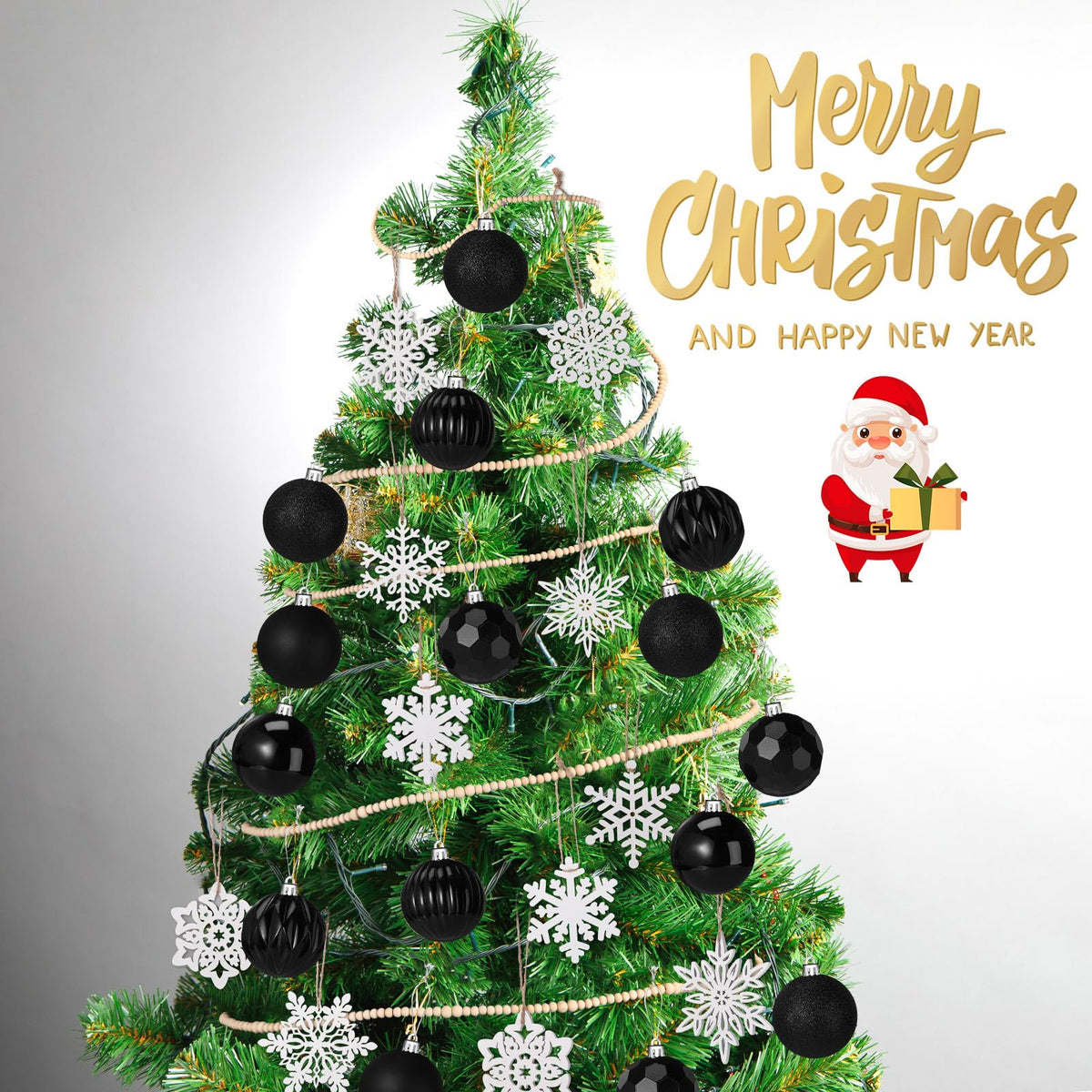 Aoriher 45 Pcs Christmas Tree Ornament Set,34pcs Christmas Ball Ornaments with Xmas Wooden Bead Garland Snowflake Ornaments for Xmas Tree Holiday Wedding Party Wreath Home Decoration(Black)