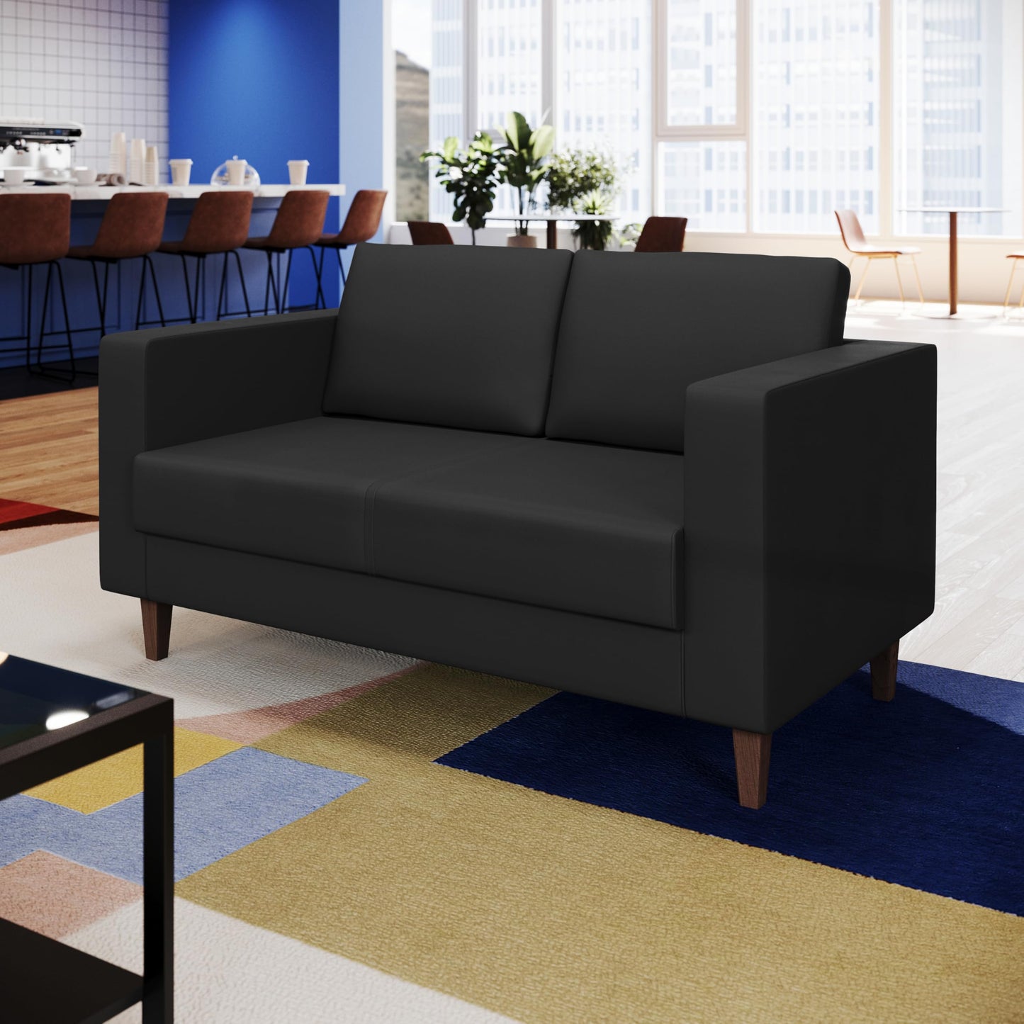 Flash Furniture Hercules Artemis Commercial Loveseat for Reception and Lobby Use with Solid Wood Legs, 2 Outlets, 1 USB, and 1 USB-C Ports, Black LeatherSoft