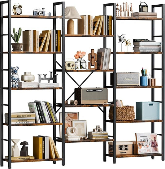 Shintenchi Triple Column 5 Tier Bookshelf, Industrial Large Bookcase Display