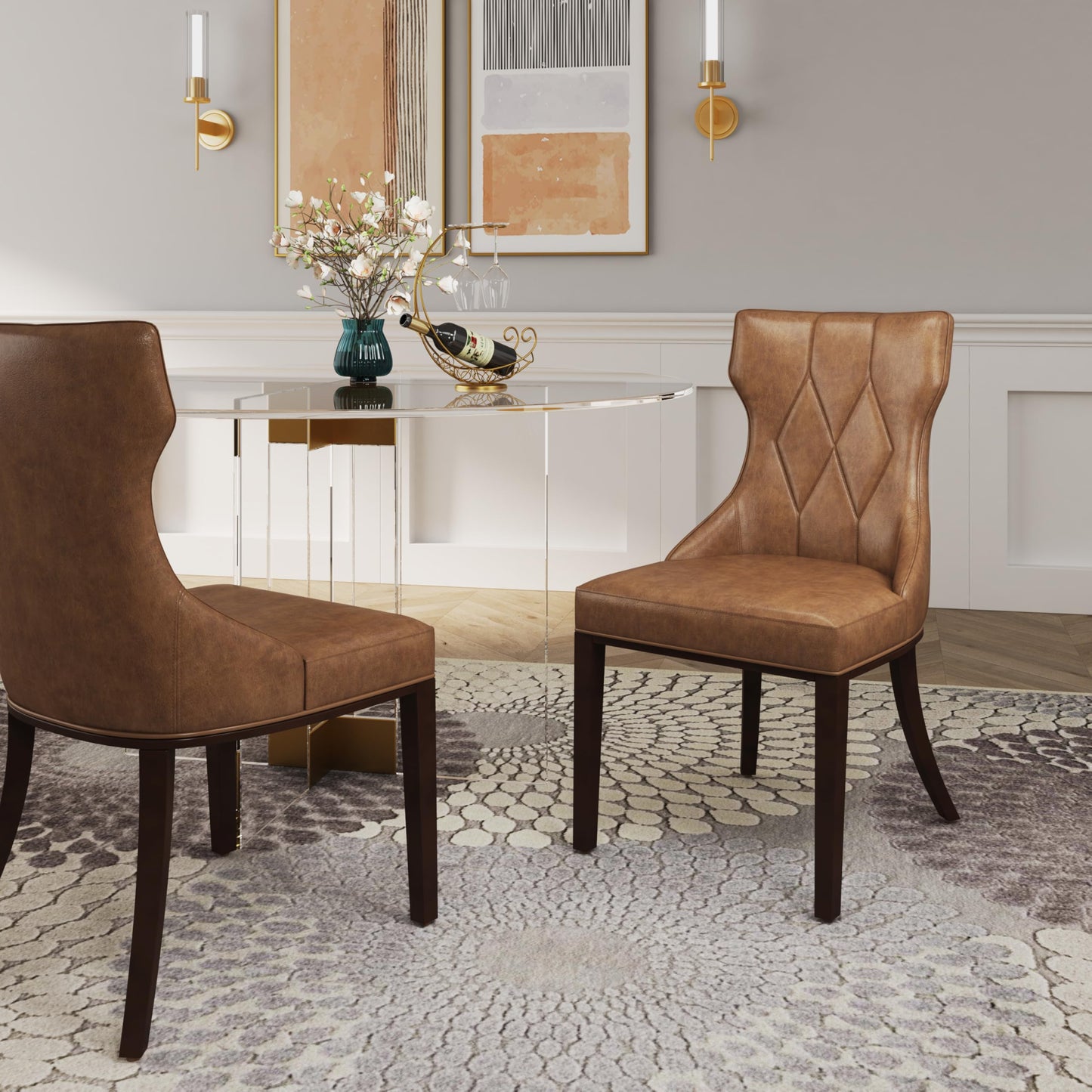 Manhattan Comfort Dining Chairs Set of 2, Upholstered Seats with Diamond Stitching, Solid Beech Wood Frame, 4-Leg Base, 18.5" Seat Height, Fully Assembled, Saddle