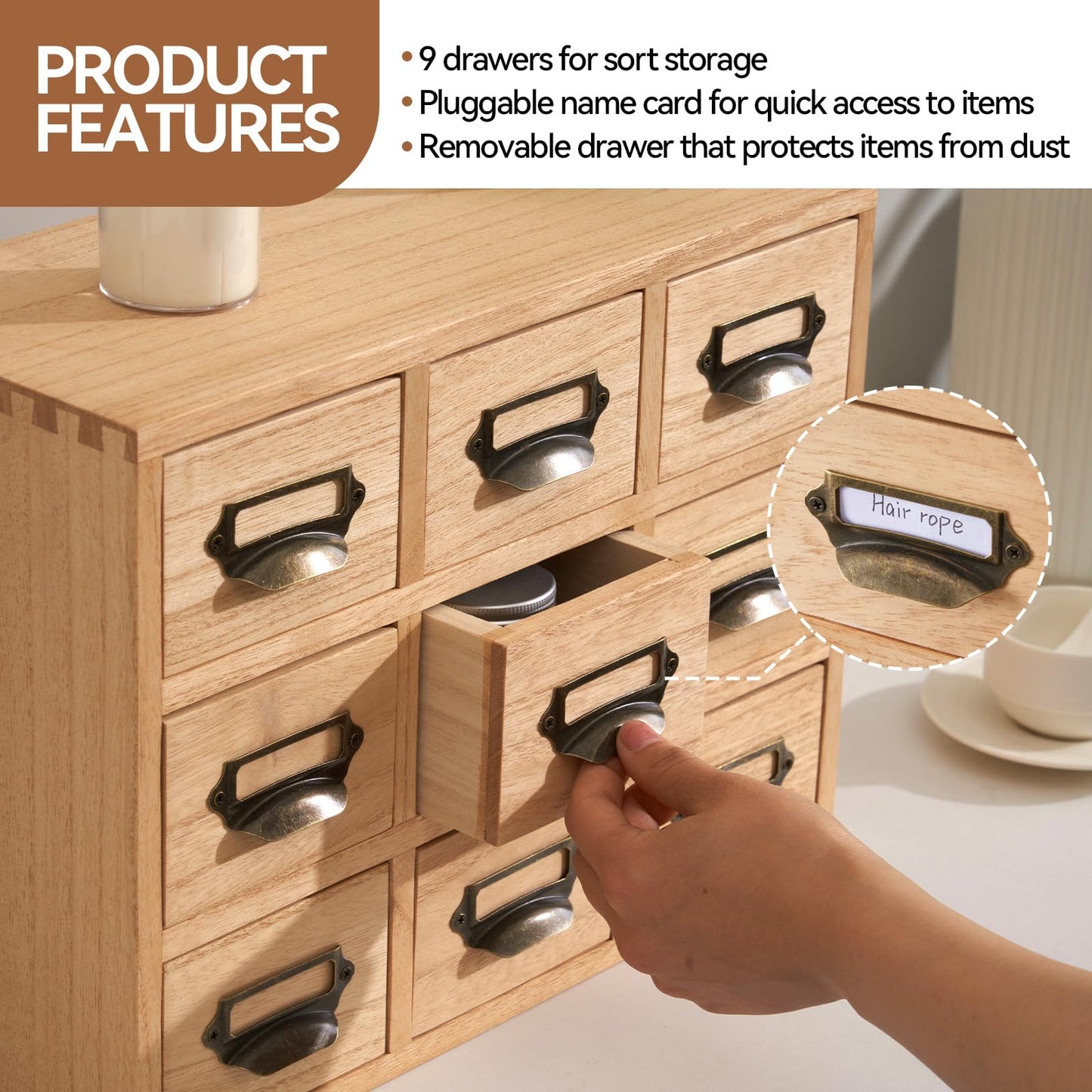 KIRIGEN Wooden Desk Storage Cabinet with 9 Mini Drawers, Wood Desktop Organizer with Metal Label Handles for Office Supplies, Crafts, Tea Bags, Makeup, Natural 9CG-NA