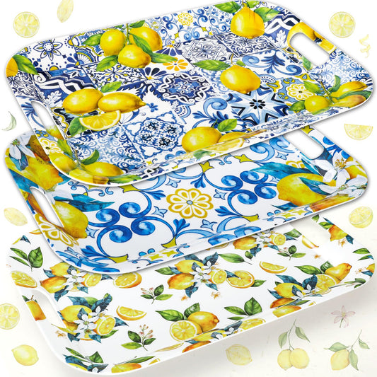 JarThenaAMCS 3Pcs Capri Lemon Serving Trays Summer Blue Tile Yellow Lemon Platter with Handles Reusable Serving Dishes for Birthday Party Sharing Snacks Fruit Dessert