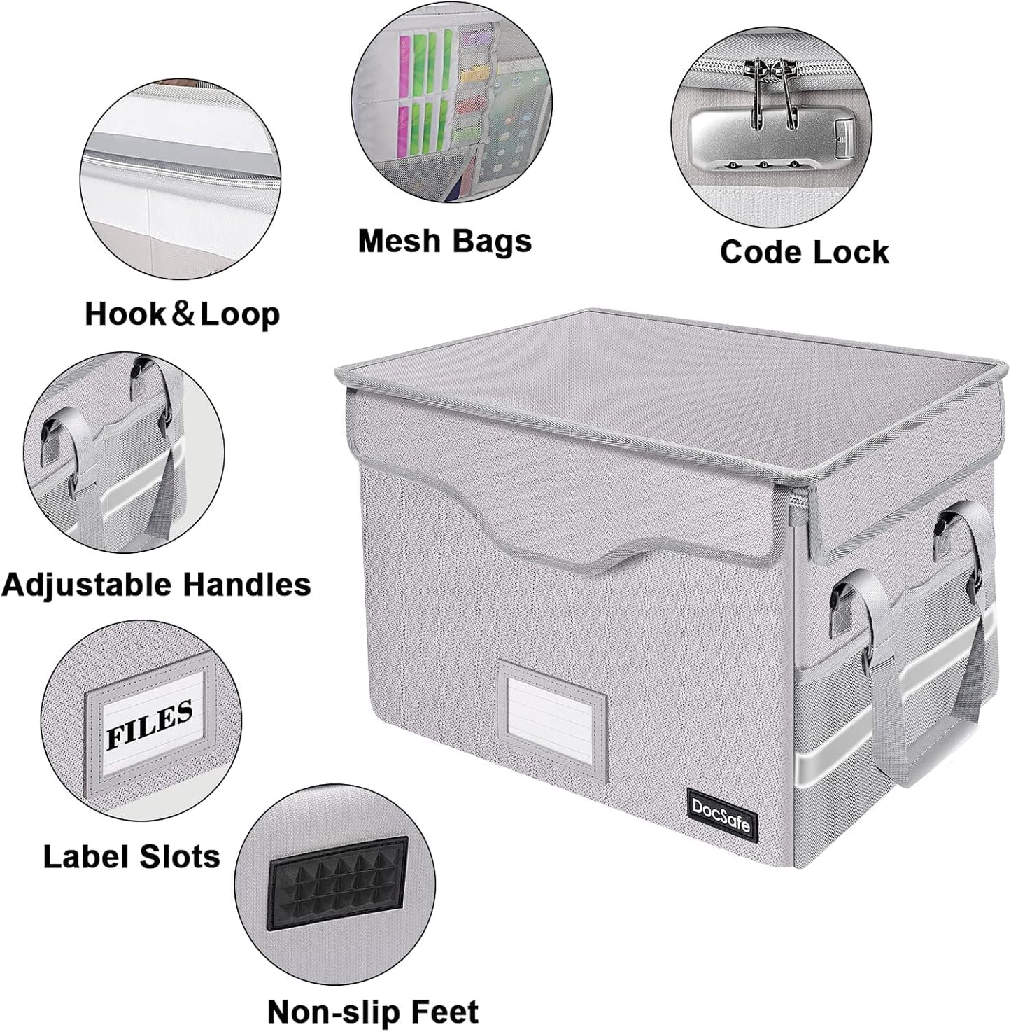 DocSafe Fireproof Document Box with Lock,File Storage Organizer with Zipper Pockets,Collapsible Portable File Box Home Office Safe Filing Cabinet with Handle for Hanging Letter/Legal Folder,Silver