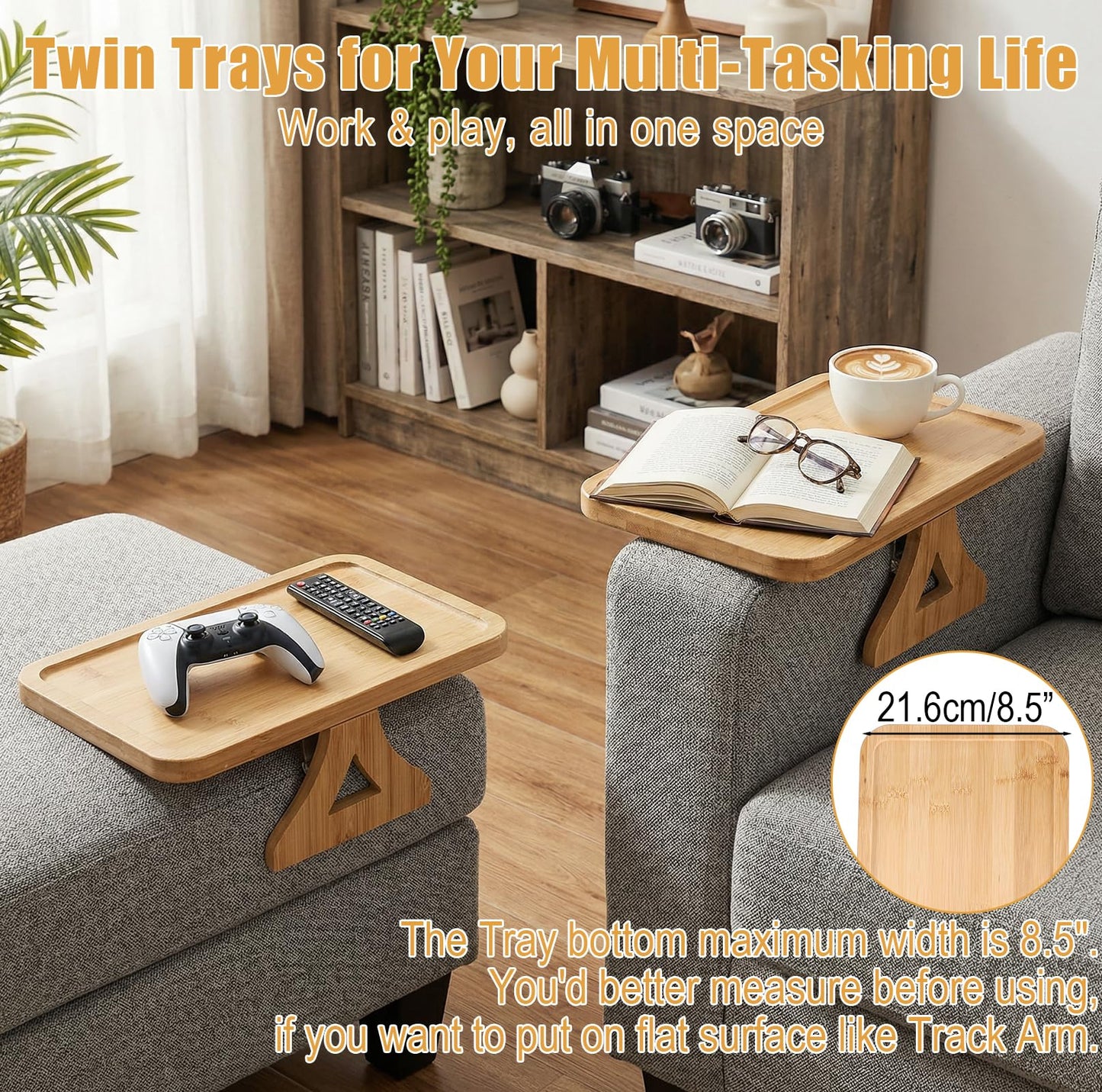 Fumusae Couch Arm Tray, 13" × 9" Bamboo Foldable Sofa Armrest Table Tray Clip-On Desk for Eating TV Snacks Drinks Phone Remote, Natural Wood Wooden Holder Side Table for Armchair Recliner Small Spaces