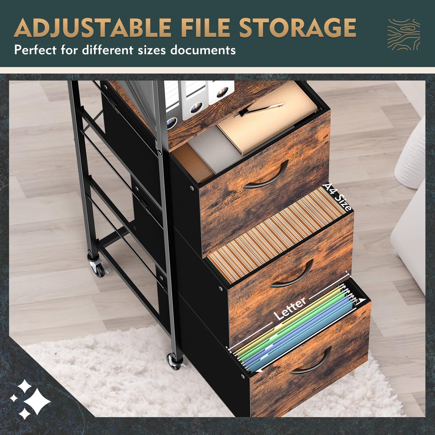Vestibk 3 Drawers File Cabinet, Vertical Filing Cabinets for Home Office, Non-woven Fabric Drawer with Adjustable Hanging File Folders, A4/Letter Size, Open Shelf, Mobile Printer Stand, Rustic Brown