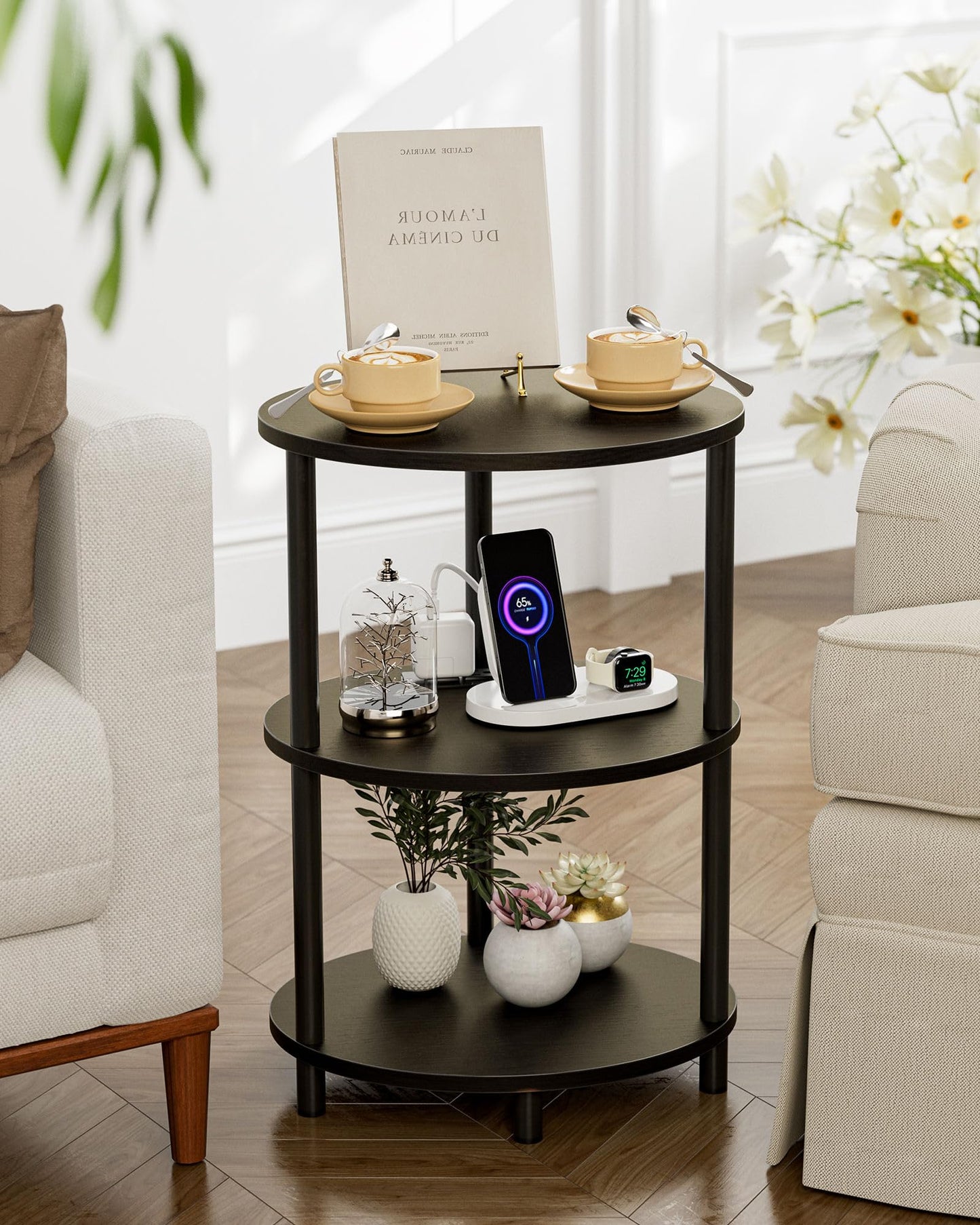 RISWER Small Round Side Table - 3-Tier Oval Accent Table for Small Spaces, Rustic Wood and Metal Nightstand for Living Room or Bedroom, Built-in USB Ports and Power Outlet, Charcoal Wenge