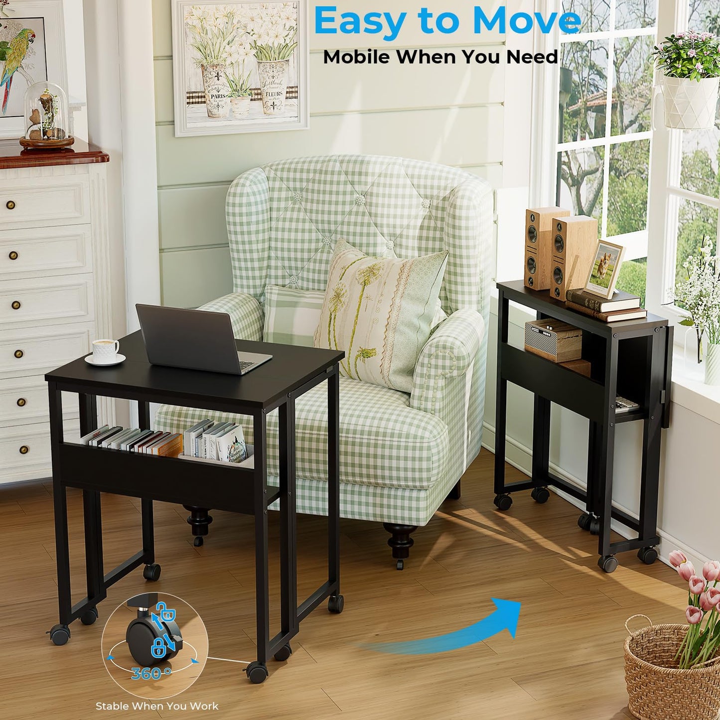 GreenForest Folding Desk with Wheels, 31.5 Inch Compact Rolling Computer Table with Storage Shelf, Portable Mobile Workstation for Small Spaces, Easy Assembly, Black