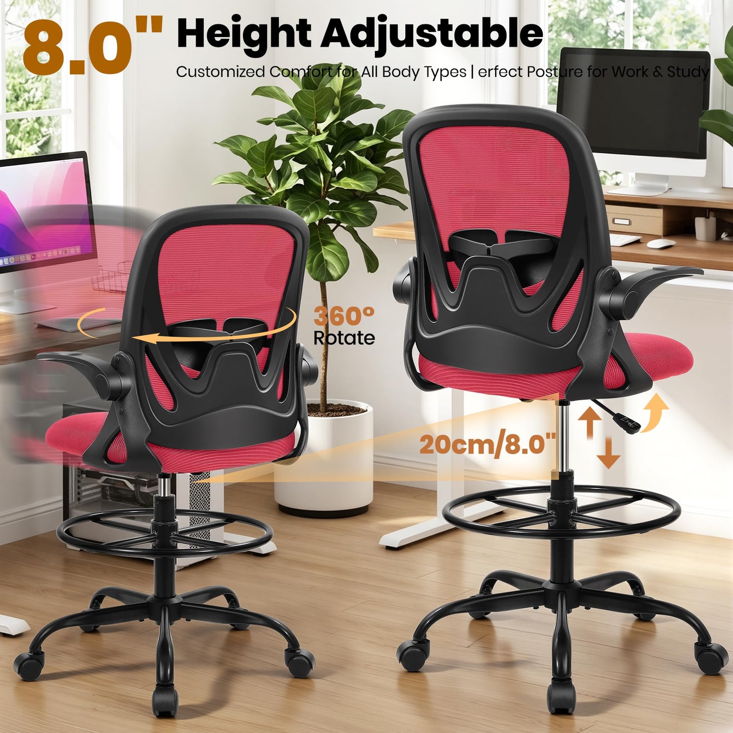 Primy Drafting Chair Tall Office Chair with Flip-up Armrests Executive Ergonomic Computer Standing Desk Chair with Lumbar Support and Adjustable Footrest Ring (Fire Brick)