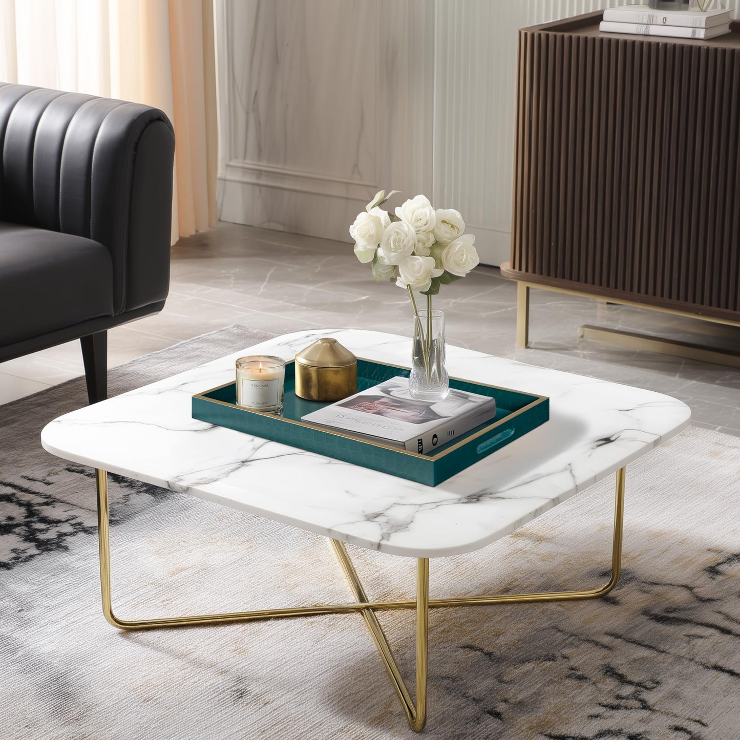 MAONAME Faux Leather Tray, Rectangular Serving Tray with Handles, Green Decorative Trays for Coffee Table, Shagreen Ottoman Trays for Living Room, Office, 17" x 12"