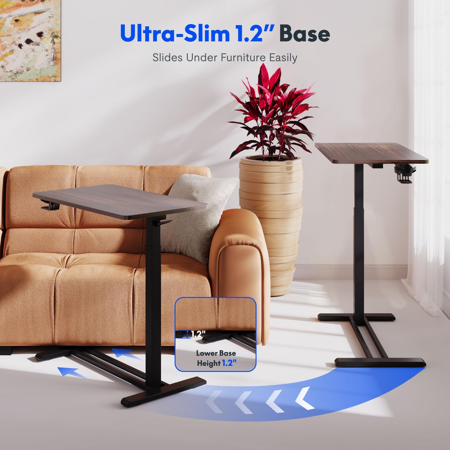 FLEXISPOT H7 Adjustable Overbed Bedside Table with Wheels Pneumatic Mobile Standing Desk Laptop Desk Rolling Computer Cart Movable Table Hospital Home Use(27.6" W x 15.7" D, Mahogany Table)