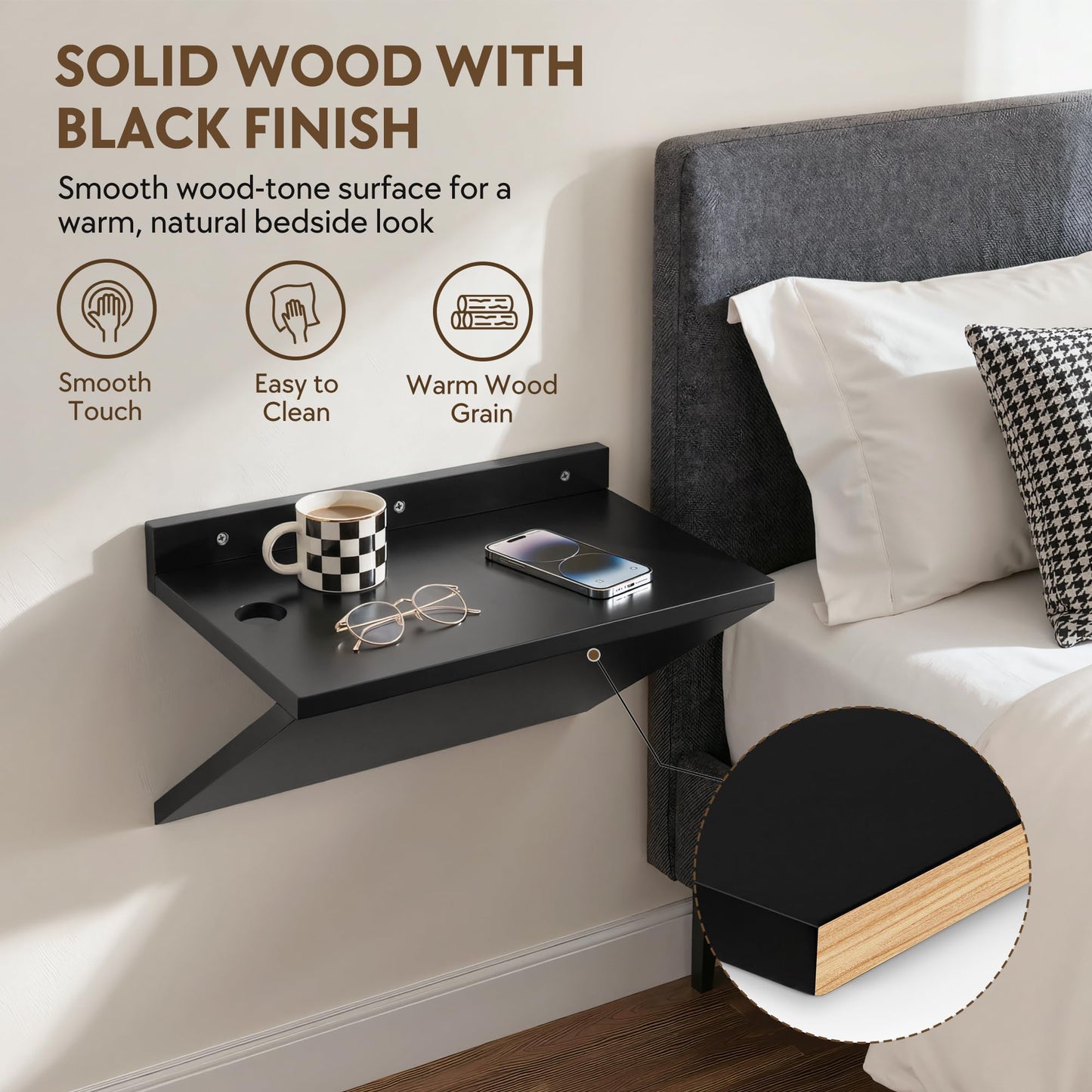 Petrala Floating Nightstand Set of 2, Black Wooden Bedside Table Wall Mount Nightstands Modern Side Table Wall Shelf Narrow Floater Night Stand Hanging End Table Z-Shape with Cable Hole for Bedroom