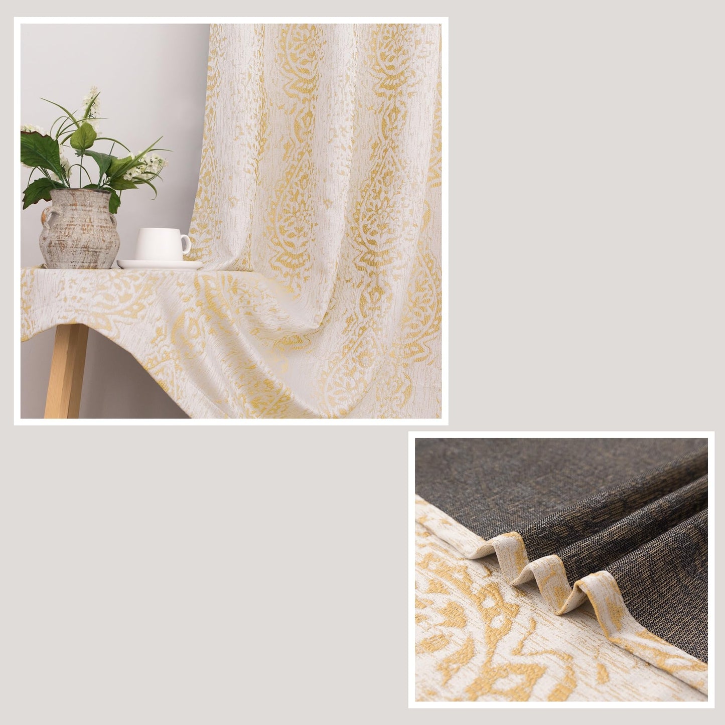Mrs.Naturall 108 Inch 9FT Farmhouse Room Darkening Curtains, Damask Jacquard Luxury Grommet Drapes for Living Room Bedroom, 2 Panels Set, 9 FT Length 52'' L x 108'' W, Gold Yellow