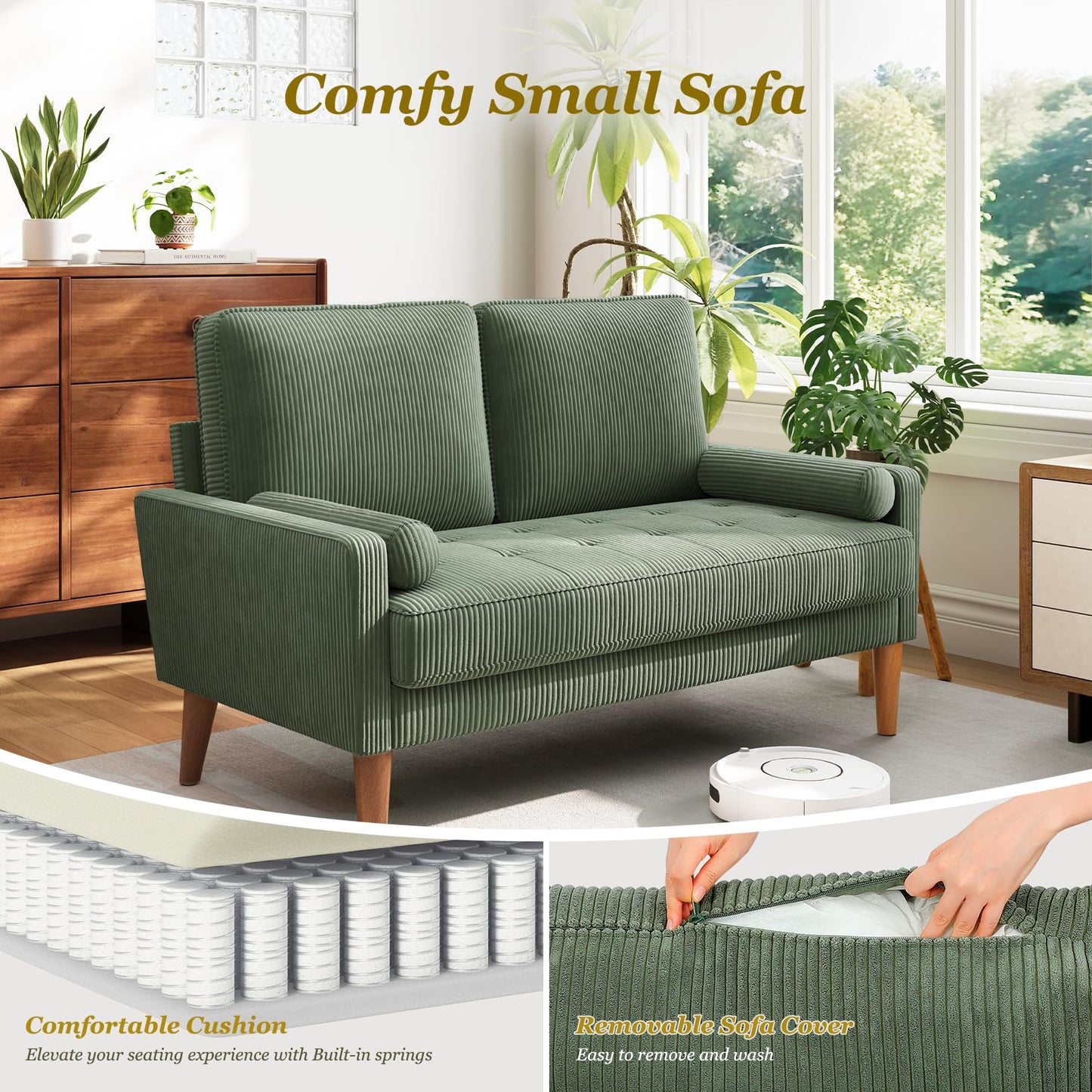 Vesgantti Loveseat Sofa with Solid Wood Legs,48" Small Corduroy Couches for Small Spaces, Mid Century Modern Love Seat for Living Room, Bedroom, Easy Assembly with Throw Pillow, Green