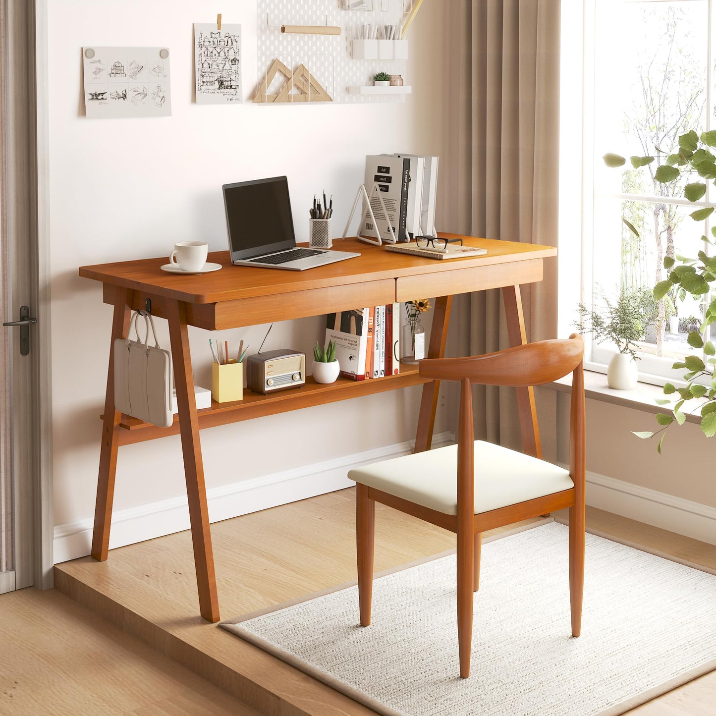 100% Solid Wood Writing Desk - 47.2" Mid Century Modern Desk, Home Office Desks with 2 Drawers and Storage Shelf, Small Computer Desks, Study Makeup Workstation for Bedroom/Living Room, Walnut
