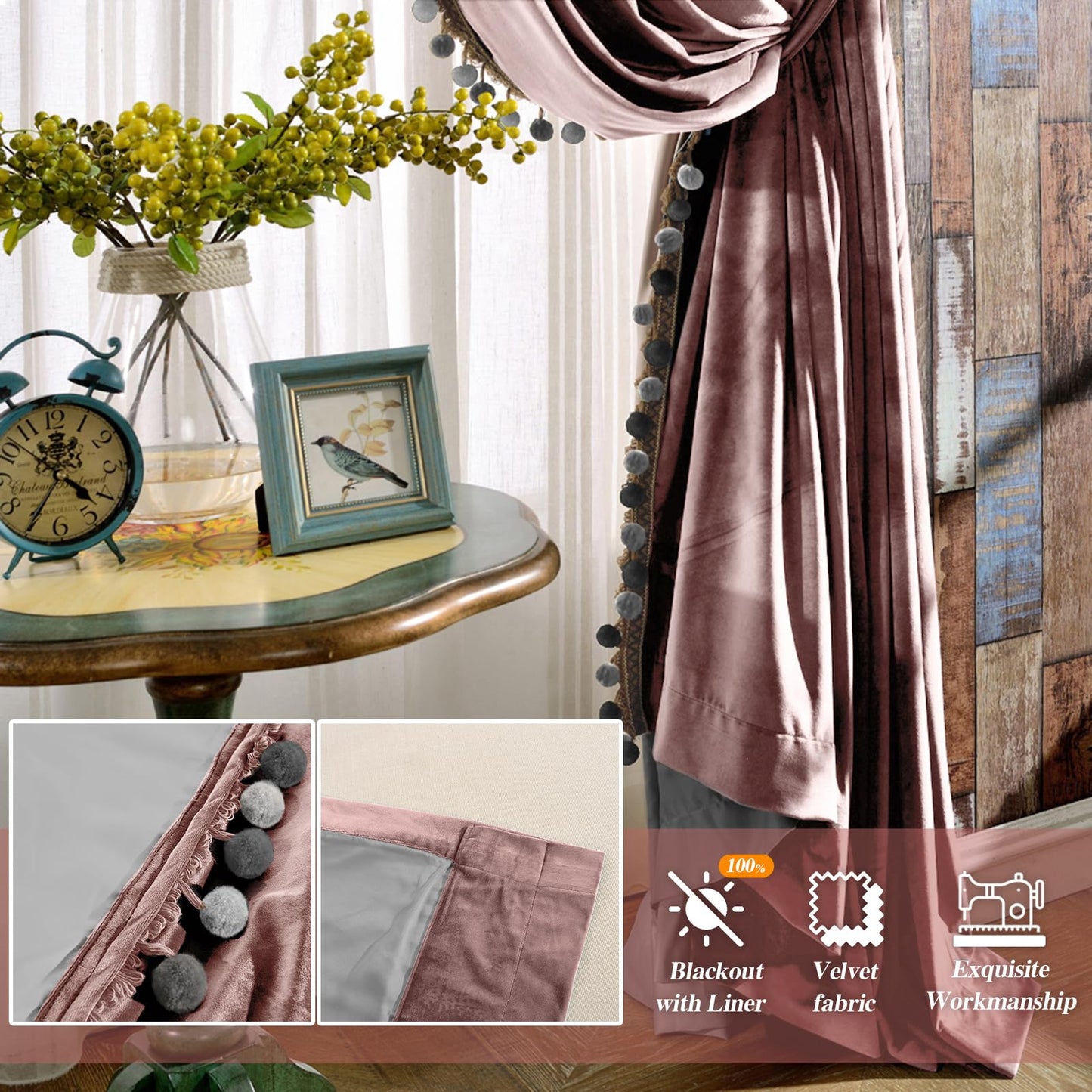 Melodieux Pom Poms Velvet Blackout Curtains for Bedroom Living Room, Vintage Luxury Thermal Insulated Rod Pocket Lined Drapes, 52" W x 84" L, Dusty Rose (2 Panels)
