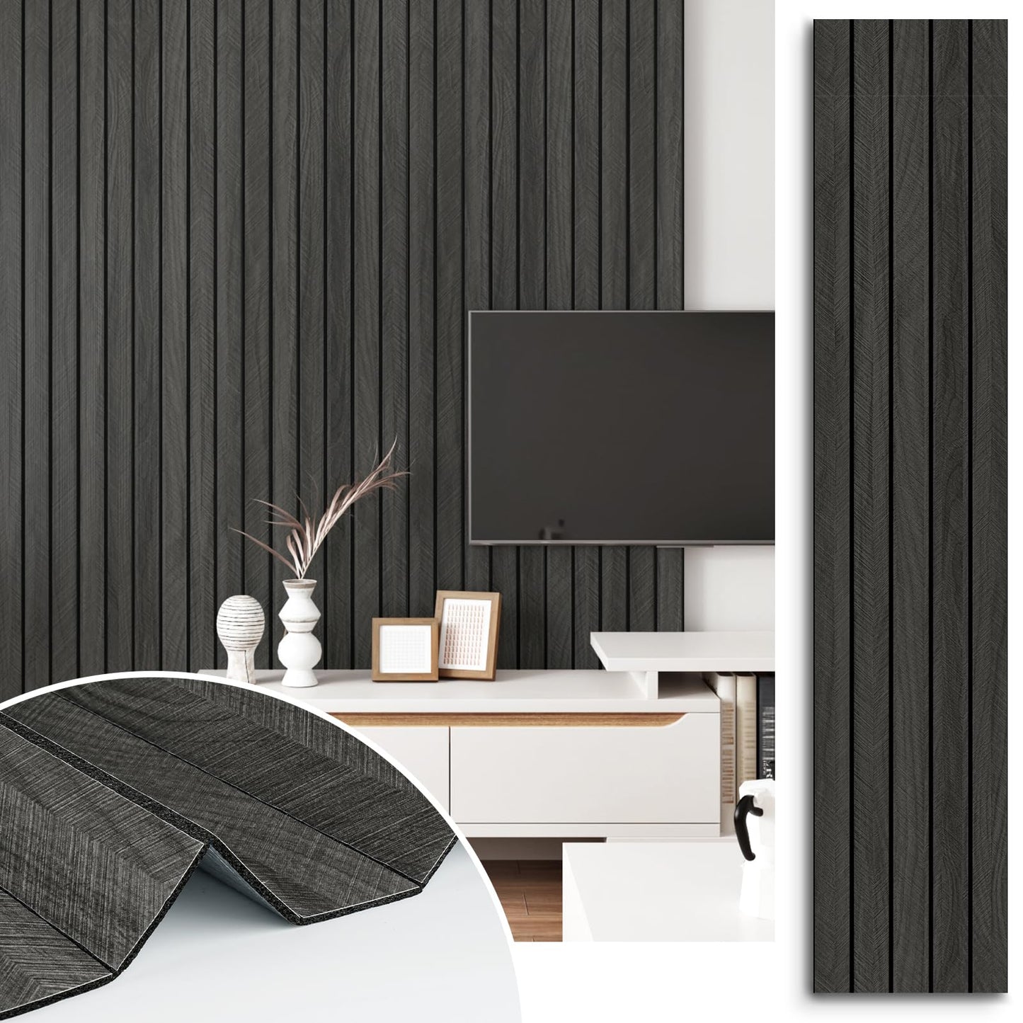 STICKEEP Grey/Black 3D Wood Panels for Wall Decor 197"x11.8" Peel and Stick Faux Wood Wall Panel Self Adhesive Soundproof Wooden Slats Paneling Wallpaper for Living Room Bedroom Office Work Shop