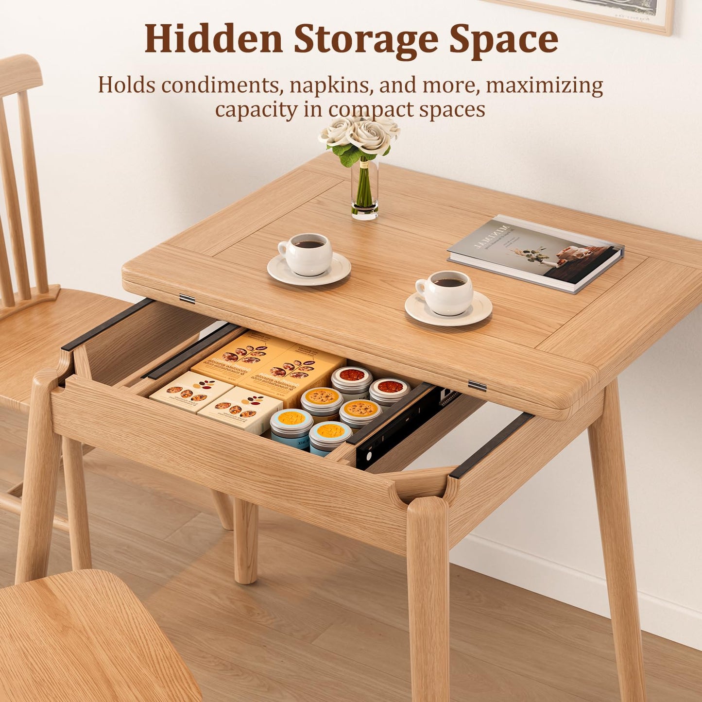 DONGMUWUJEE Solid Wood Small Dining Table, 23.6"L-47.2"L Expandable Kitchen Table for 2-6, Designed for Small Spaces, Easy Assembly, Suitable for Kitchen, Dining Room, Living Room, Apartment (Natural)
