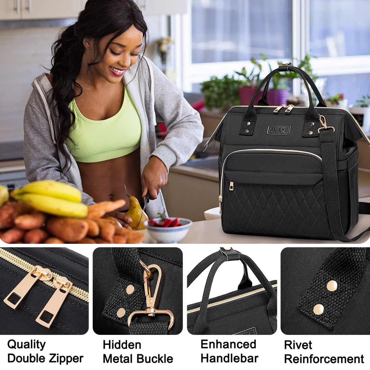 AIJIEKE Large Insulated Lunch Bag for Women, Stylish Leakproof Lunch Box for Work with Multi-Pockets & Adjustable Strap, Reusable Thermal Lunch Tote Cooler for Adult, Picnic, Beach, Black