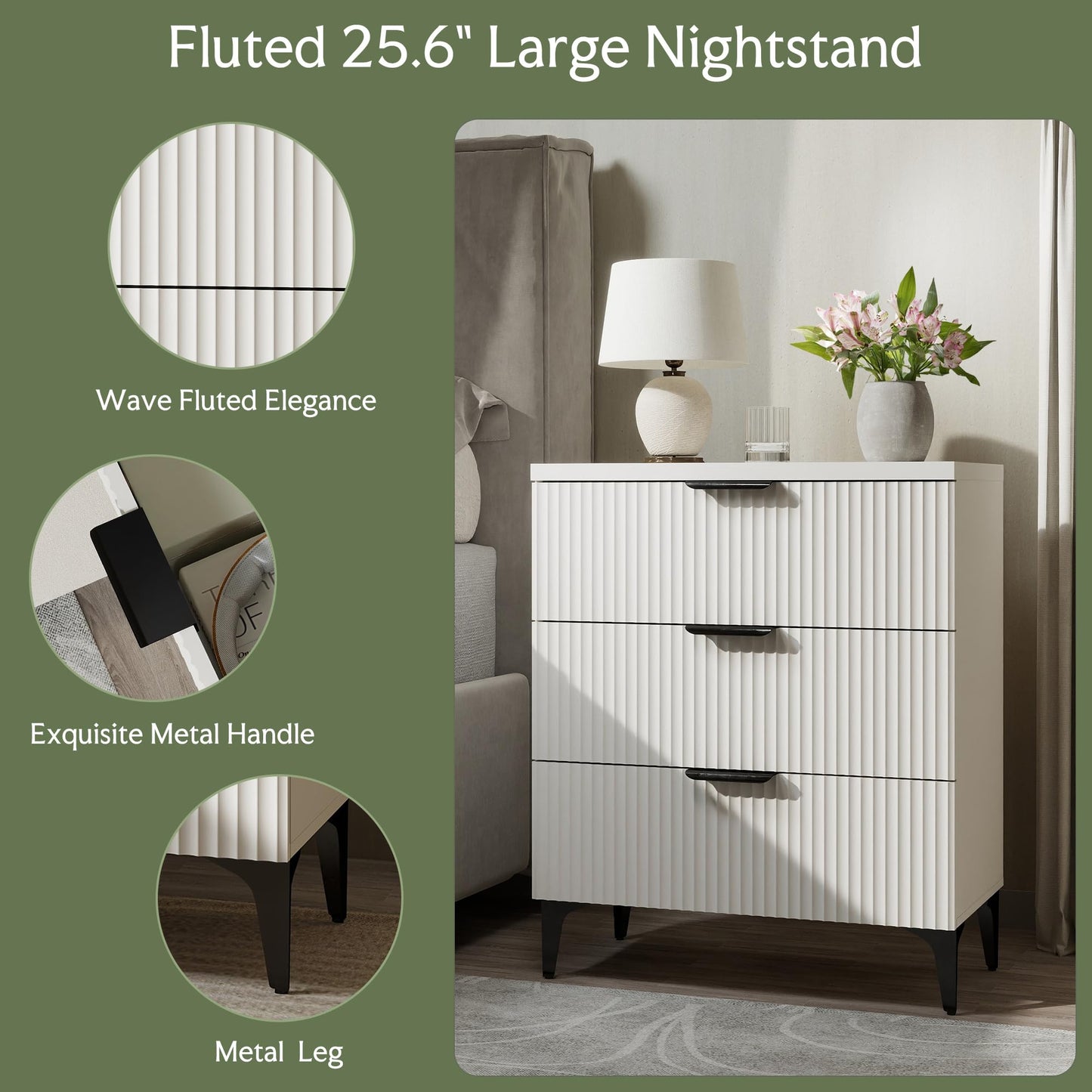 GRAINLLE Wood Night Stand Fluted Dresser for Bedroom 3 Drawers End Tables Nightstand, Storage Modern Side Table Natural White Bedside Table