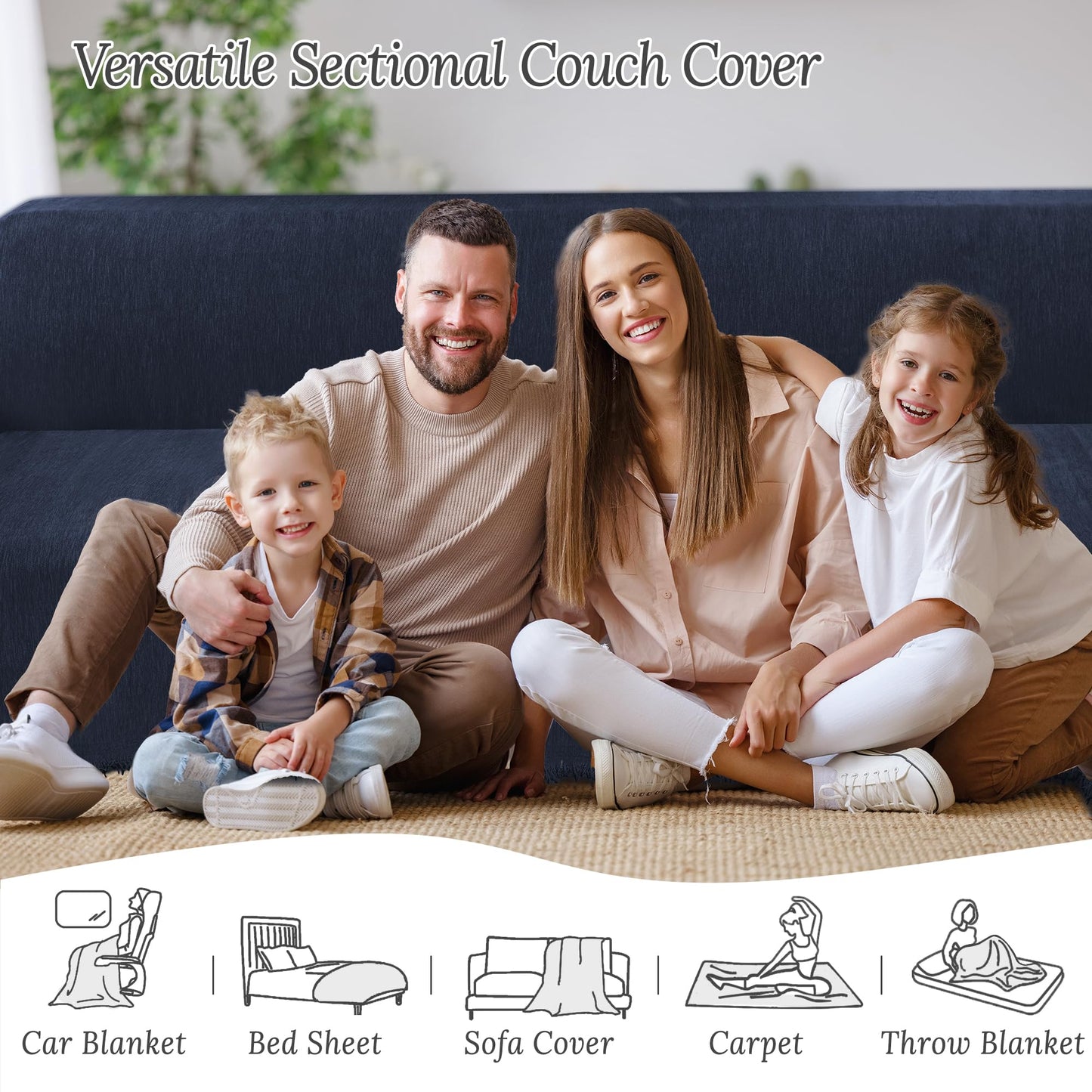 HDCAXKJ Corner Sectional Couch Covers for Dogs L Shape Sofa Cover with Tassel Chenille Super Soft Non Slip U Shaped Couch Cover Blanket Washable Pet Sectional Slipcovers Protector (Navy, 91x276 inch)