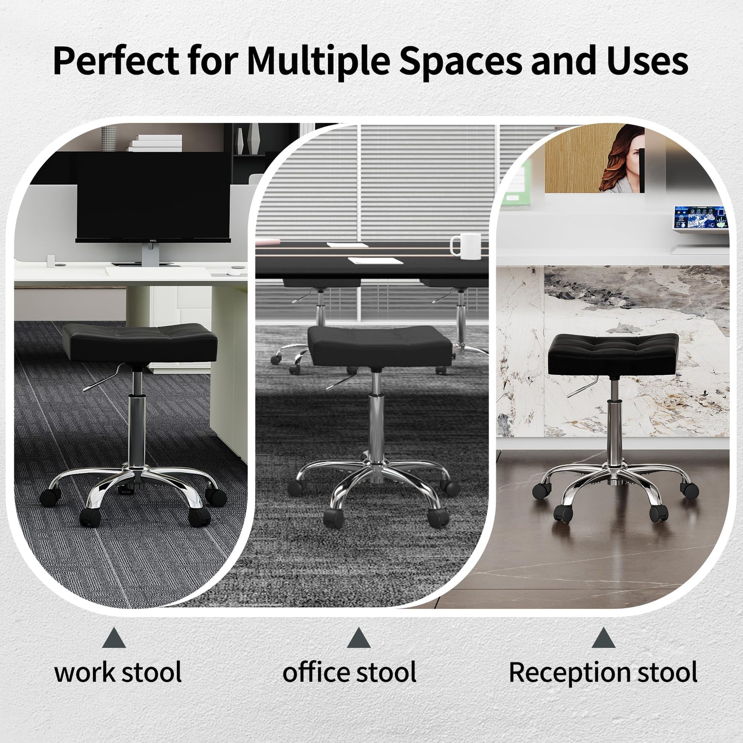 FIRAVOE Office Stool with Wheels (300lbs Capacity) (Adjustable Height 17-21 inch) Black Faux Leather Workbench Stool (Black)