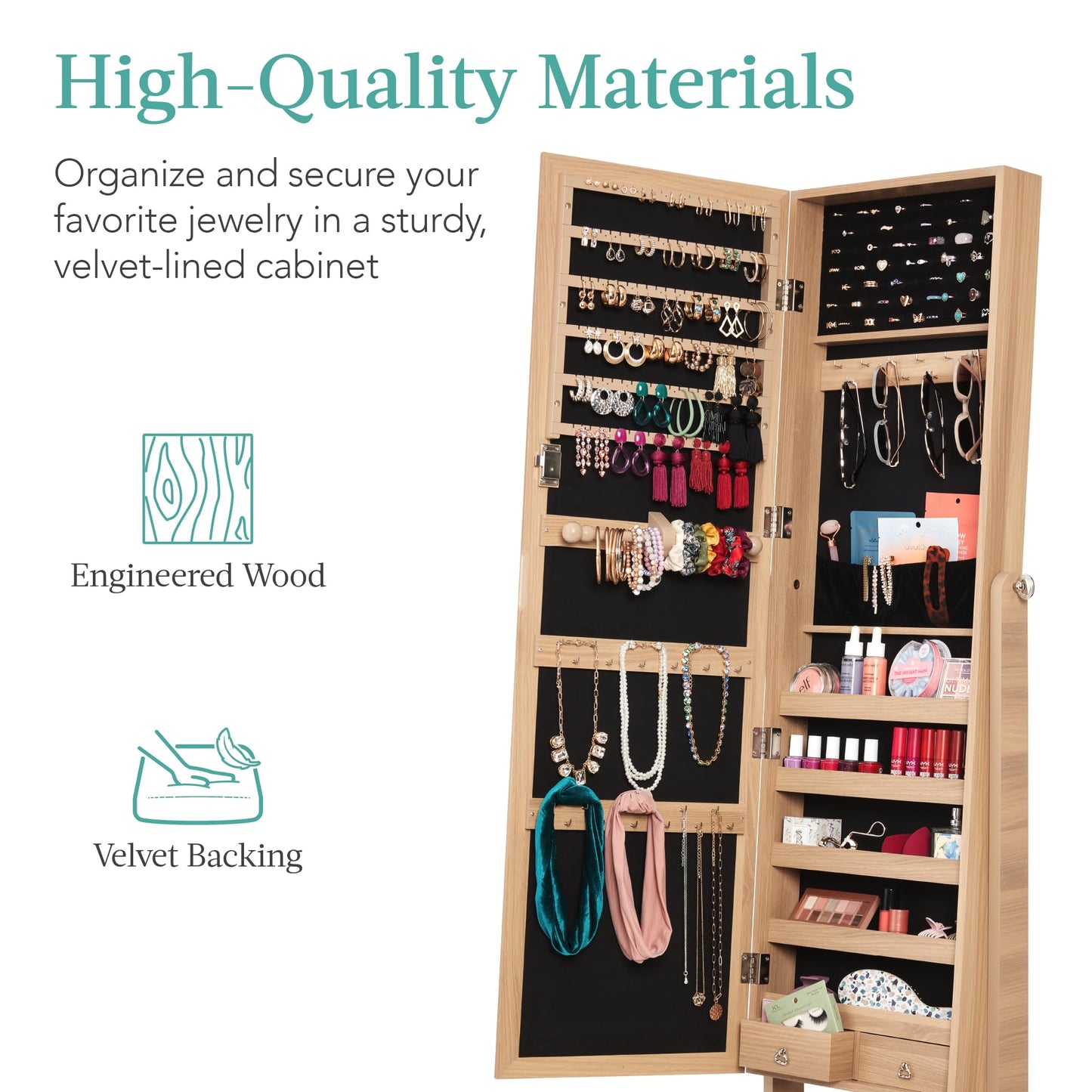 Best Choice Products Freestanding Jewelry Armoire Cabinet, Full Length Standing Mirror, Lockable Makeup Storage Organizer, w/Velvet Lining, 3 Angles, Lock, Accessory Pouch, 5 Shelves - Natural Oak