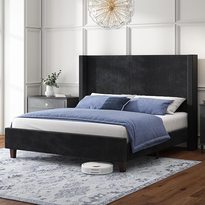 HOWE King Size Bed Frame with 50.8" Tall Wingback Headboard, Modern Corduroy