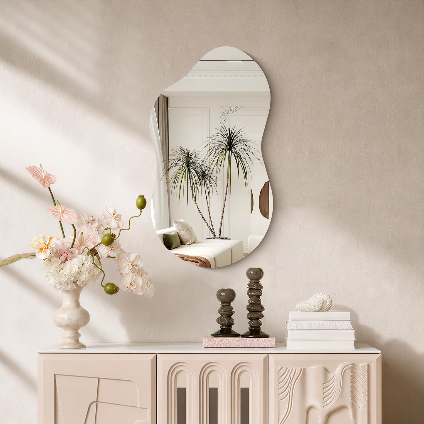YIROMAN Irregular Frameless Mirror,18"x32" Asymmetrical Wave Frameless Vanity Bathroom Wall Mirror,Modern Decorative Mirrors for Entryway, Bedroom, Living Room, Cloakroom
