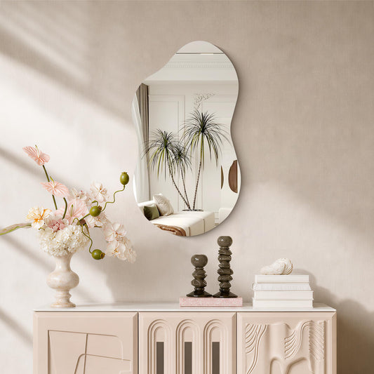 YIROMAN Irregular Frameless Mirror,18"x32" Asymmetrical Wave Frameless Vanity Bathroom Wall Mirror,Modern Decorative Mirrors for Entryway, Bedroom, Living Room, Cloakroom