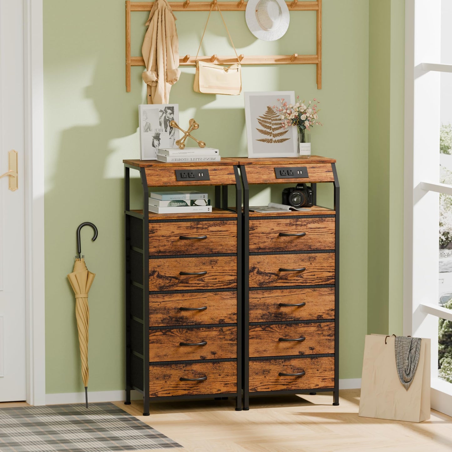 Furnulem 5 Drawers Dresser with Charging Station, Tall Night Stand with Storage Shelf, Fabric Chest of Drawers, Bedside Table for Closet, Entryway, Bedroom Furniture, 3 Ways to Use, Rustic Brown