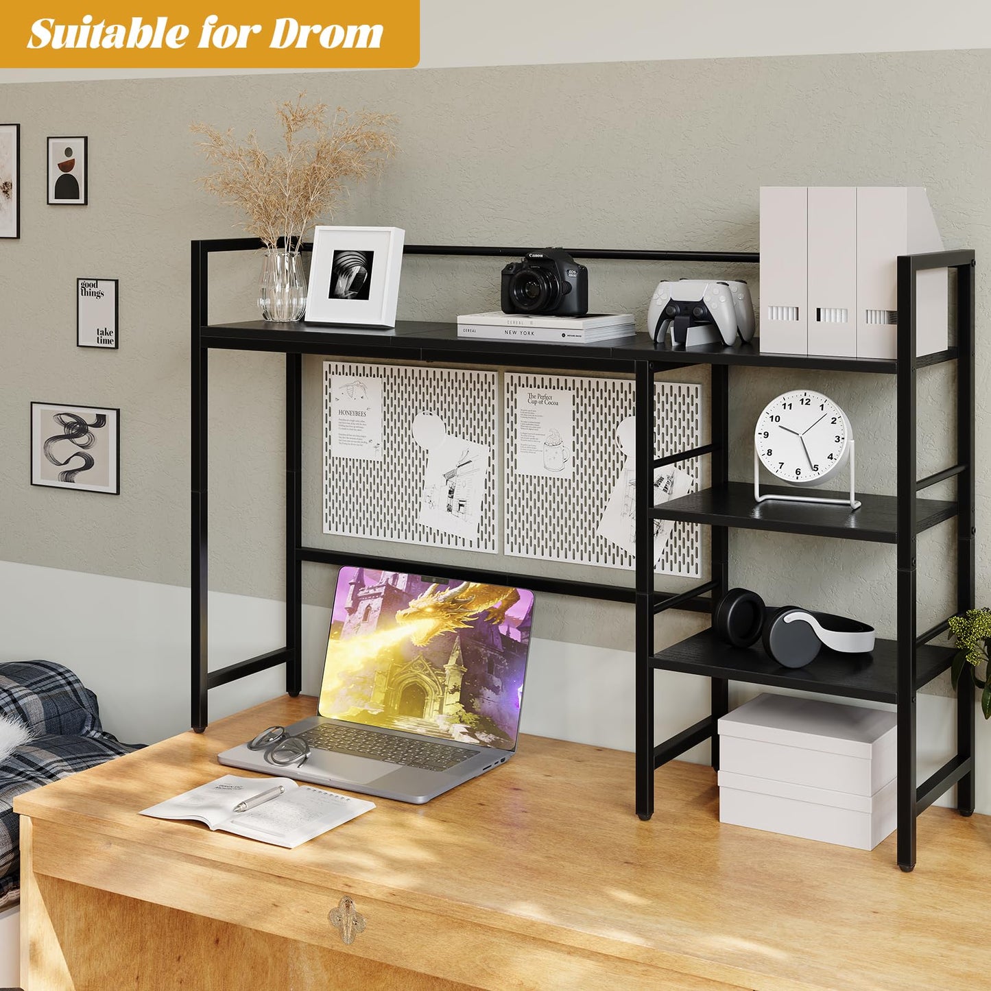 HavenlyYouth Desk Shelf, 38.6 Inch Wood Desk Organizer Shelf for Computer Monitor, Desk Hutch Storage, Desktop Shelf for Top of Desk, 3 Tier Desktop Bookshelf for Home Office Dorm, Black