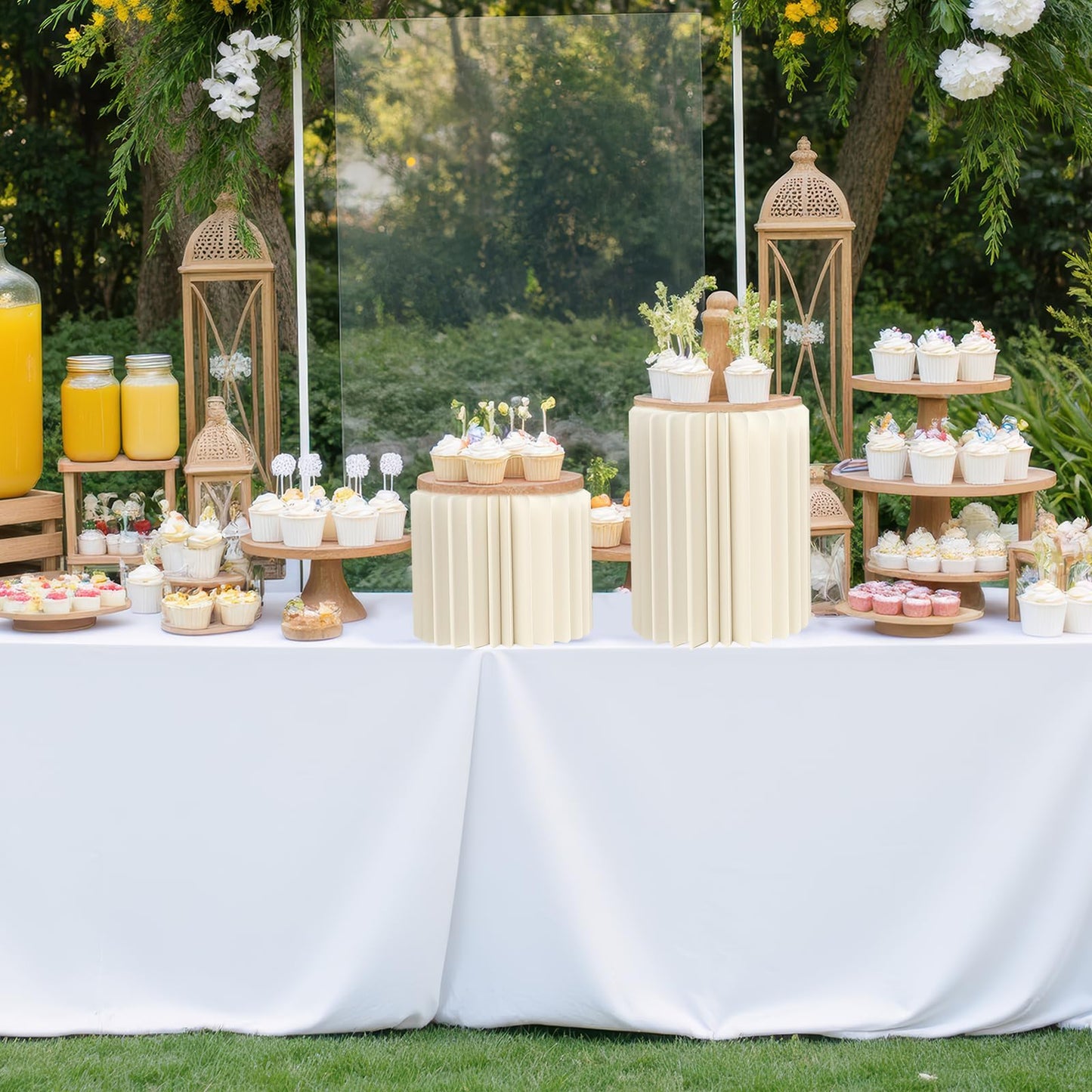 JarThenaAMCS 5 Pcs Portable White Cylinder Stand for Party Round Tall Cake Pedestal Stands with Acrylic Plates Foldable Cardboard Column Tables for Anniversary Birthday Baby Shower Wedding Decor