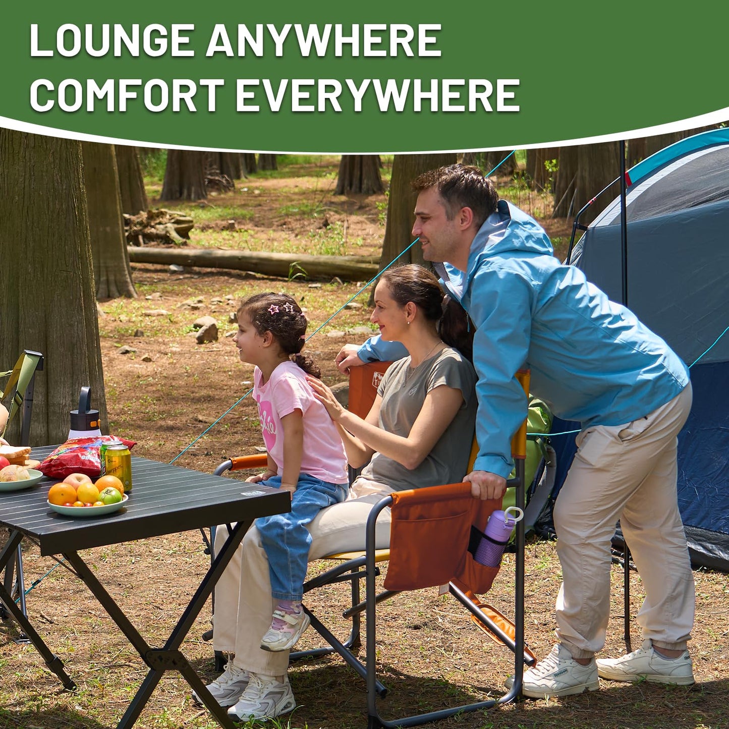 TIMBER RIDGE XXL Director’s Chair – Heavy Duty Folding Chair with Side Table, 500 lb Capacity, Extra Wide Padded Seat for Camping, Sports, Beach, Patio, and Outdoor Use, Orange-2 Pack