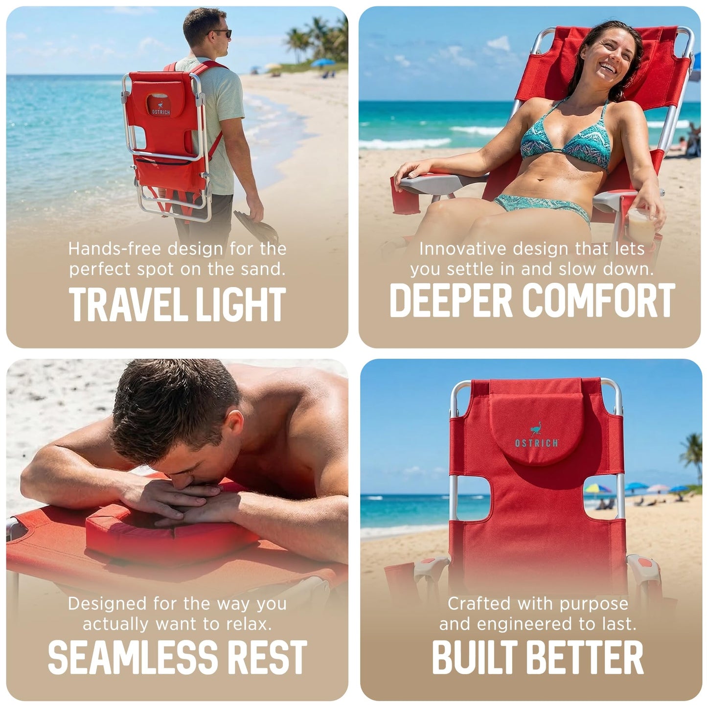 Ostrich the Backpack 3N1 Portable Chair with Cooler Bag and Reclining Lounger for Tanning, Camping, Beach, and Outdoor Essential, Red